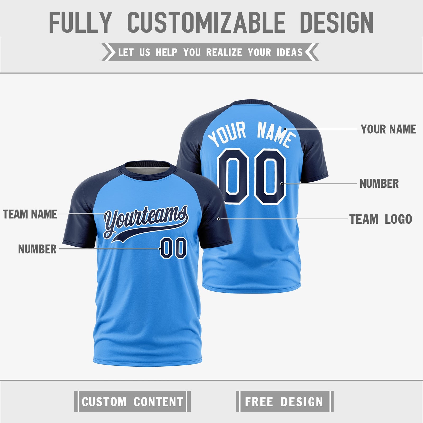 Custom Powder Blue Navy White Reversible Raglan Sleeves Quick Dry T-shirt| KXKSHOP