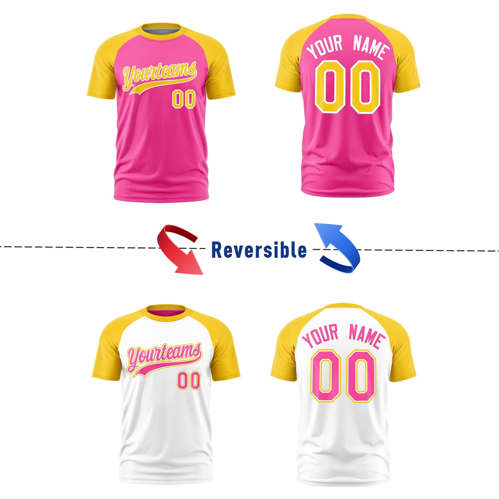 Custom Pink Gold White Reversible Raglan Sleeves Quick Dry T-shirt| KXKSHOP