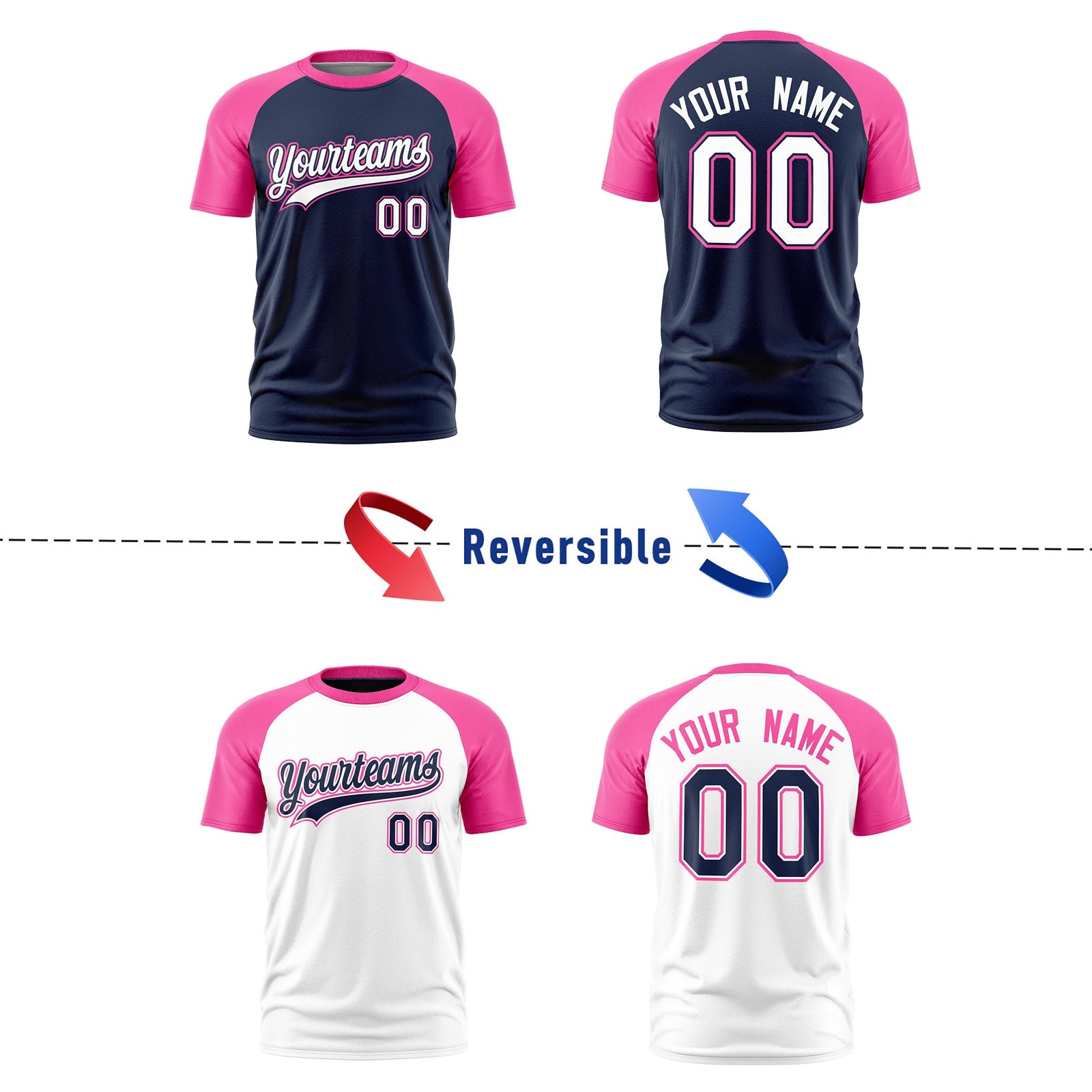 Custom White Pink Navy Reversible Raglan Sleeves Moisture-Wicking T-shirt| KXKSHOP