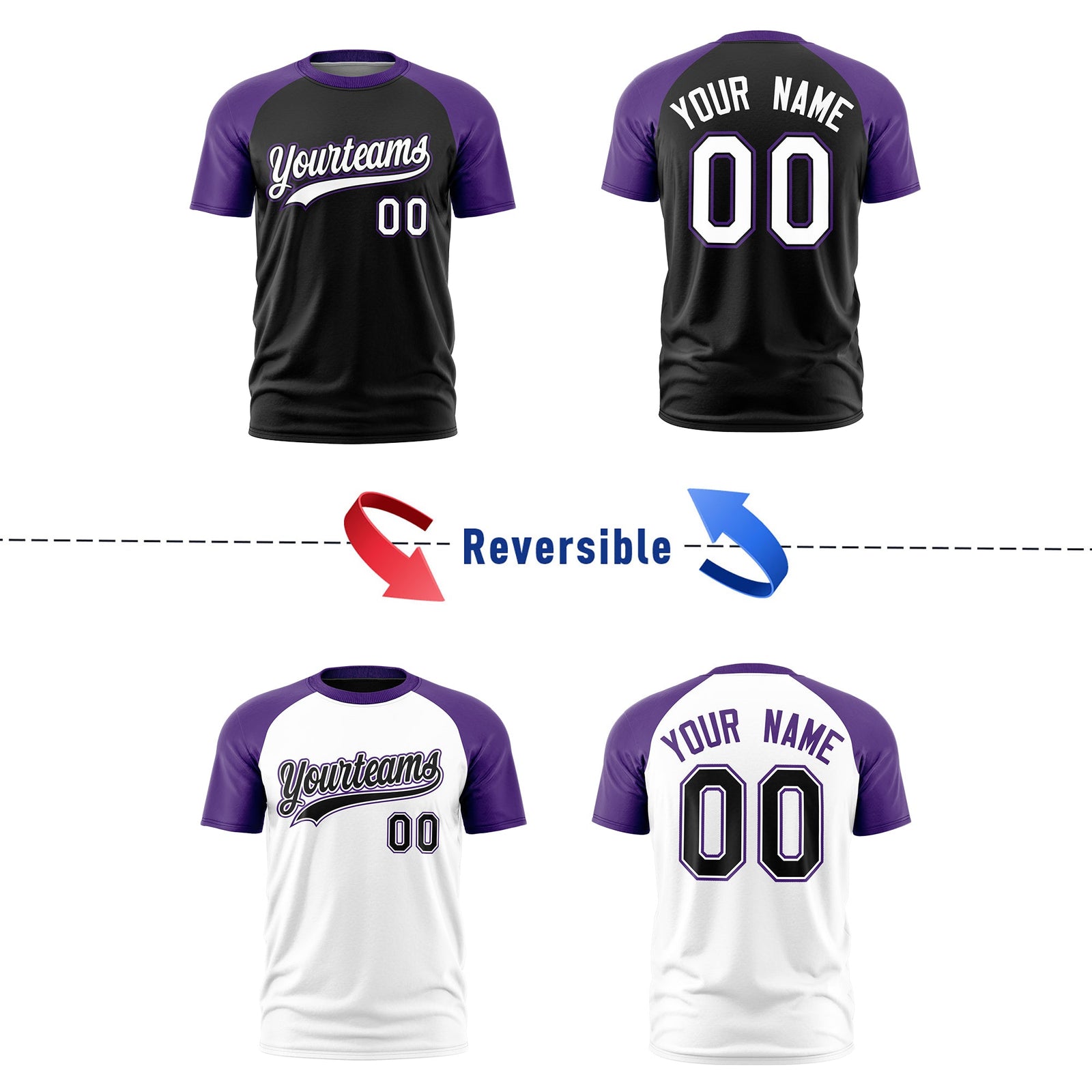 Custom Black Purple White Reversible Raglan Sleeves Moisture-Wicking T-shirt| KXKSHOP