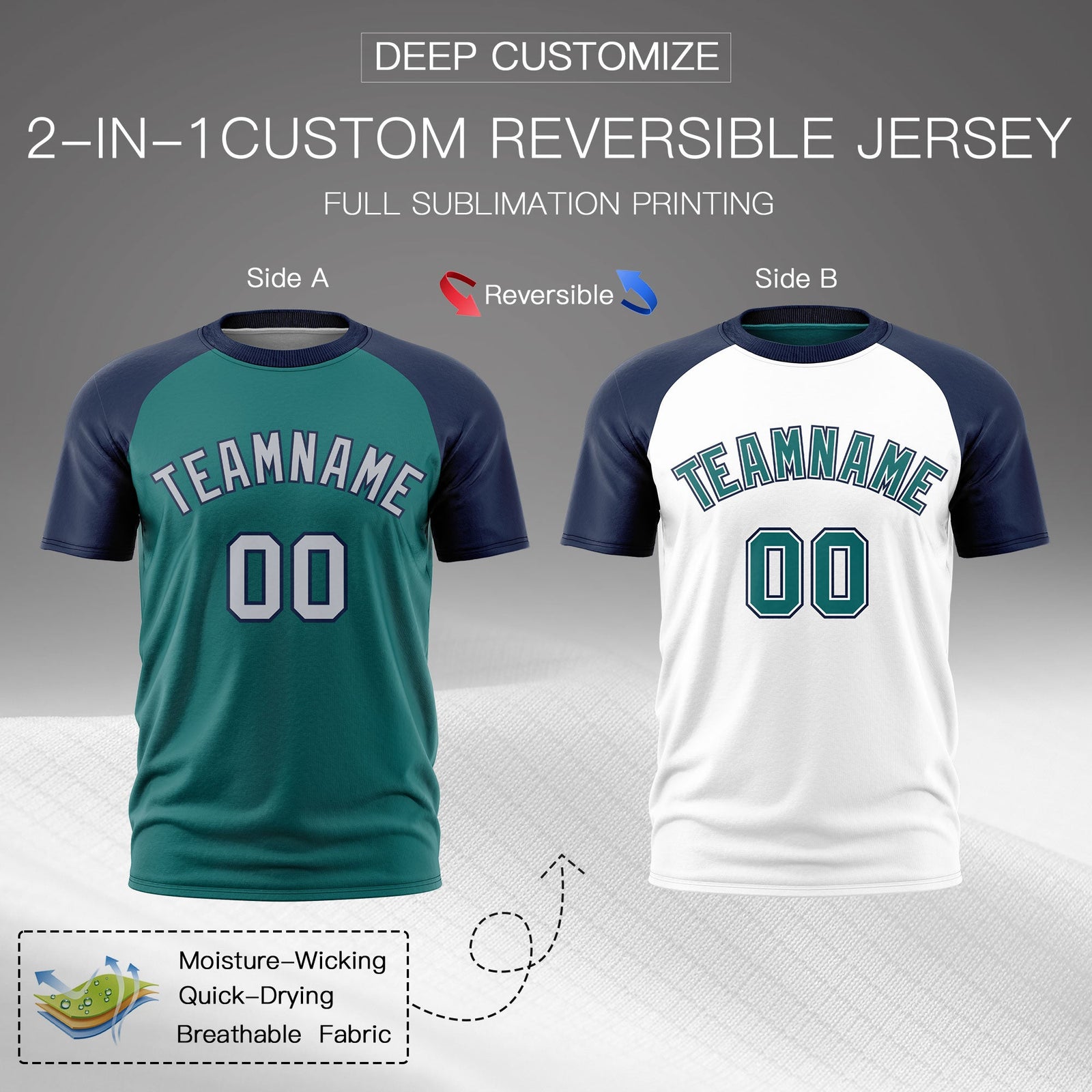 Custom Teal Navy Silver Reversible Raglan Sleeves Moisture-Wicking T-shirt| KXKSHOP