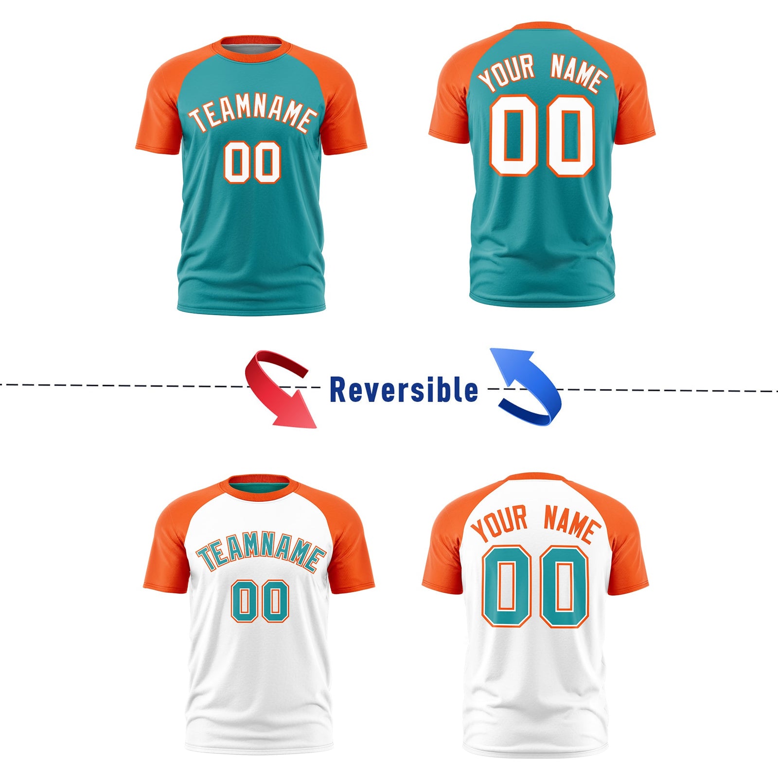 Custom Aqua Orange White Reversible Raglan Sleeves Quick Dry T-shirt| KXKSHOP