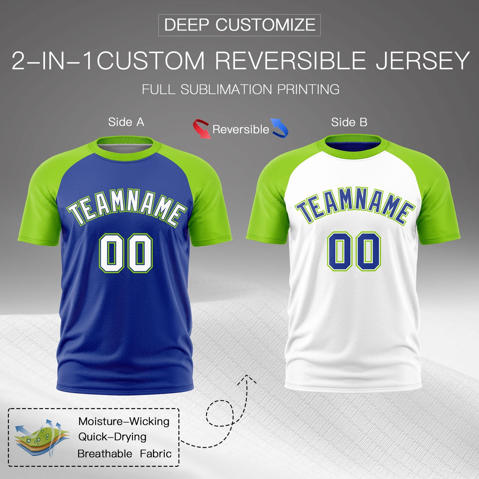 Custom Royal Blue Neon Green White Reversible Raglan Sleeves Moisture-Wicking T-shirt| KXKSHOP