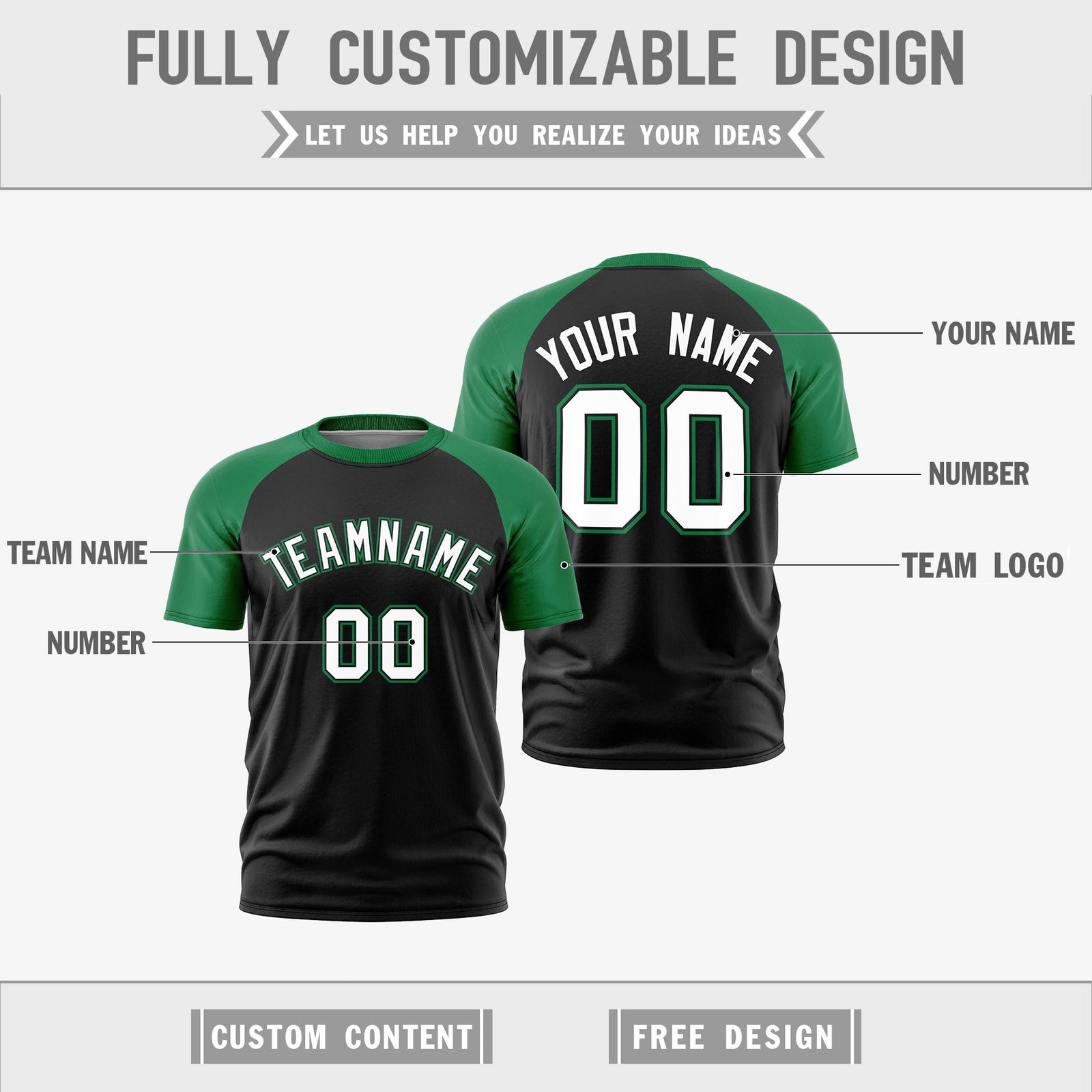 Custom Black Kelly Green White Reversible Raglan Sleeves Moisture-Wicking T-shirt| KXKSHOP
