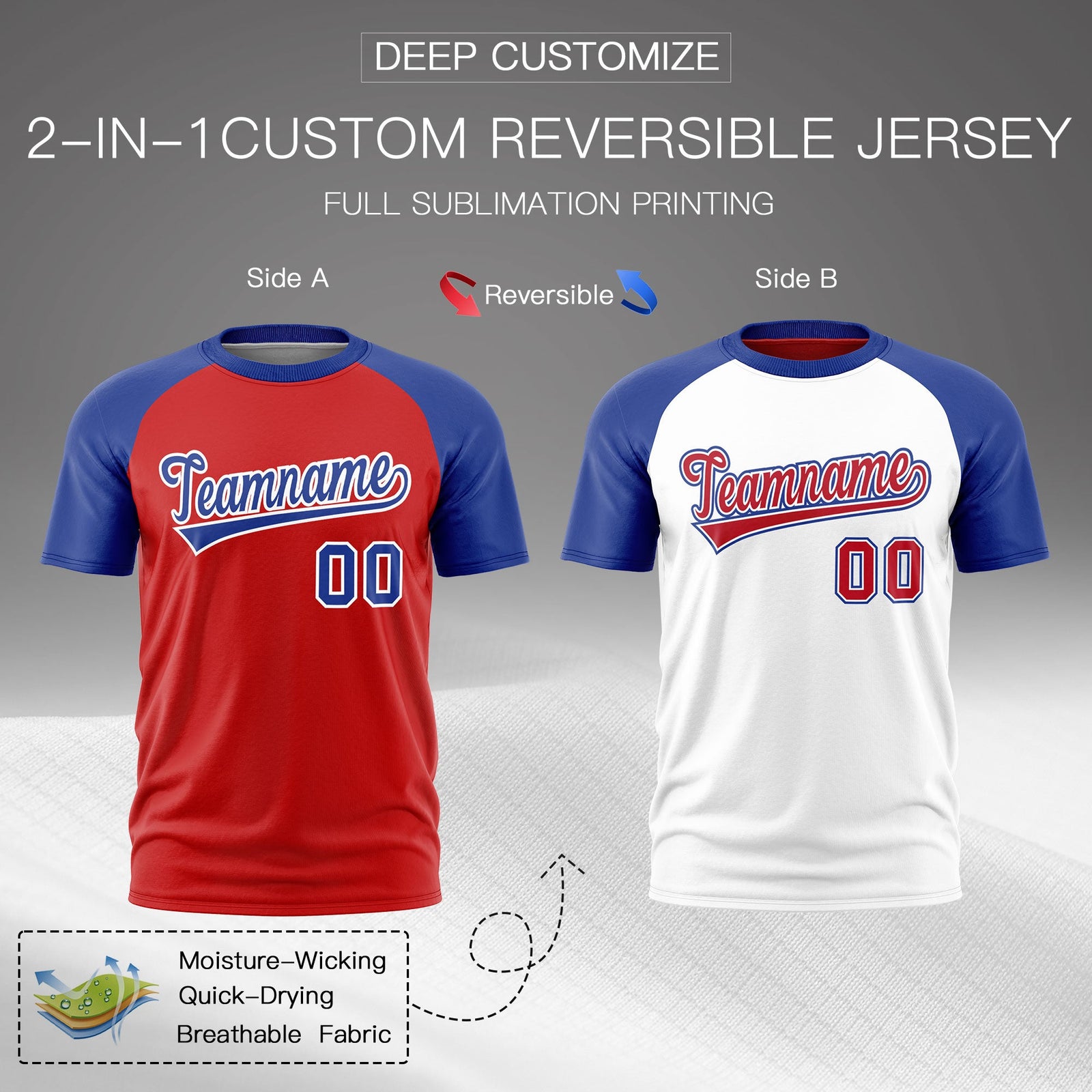 Custom Red Royal Blue White Reversible Raglan Sleeves Moisture-Wicking T-shirt| KXKSHOP