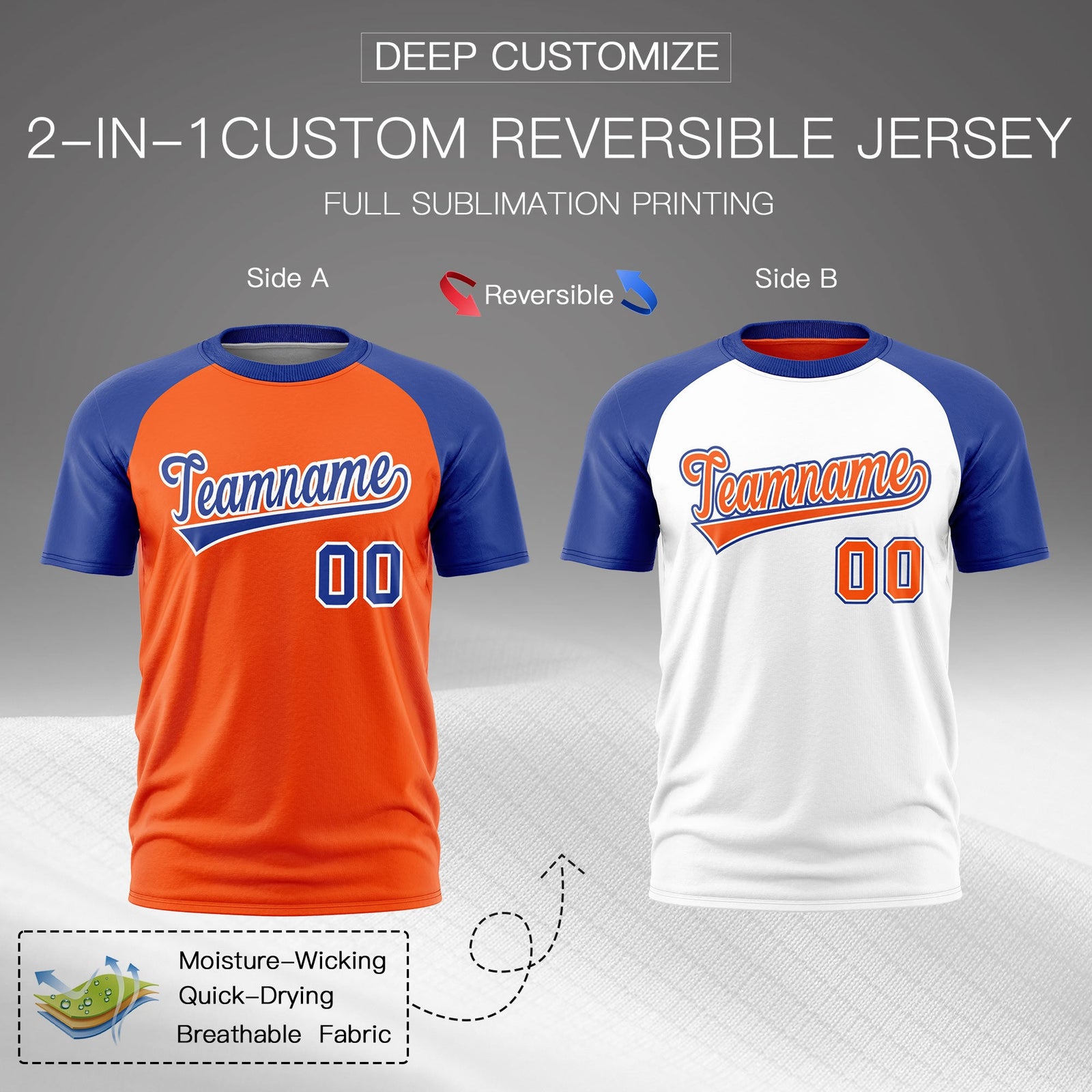 Custom Orange Royal Blue White Reversible Raglan Sleeves Quick Dry T-shirt| KXKSHOP