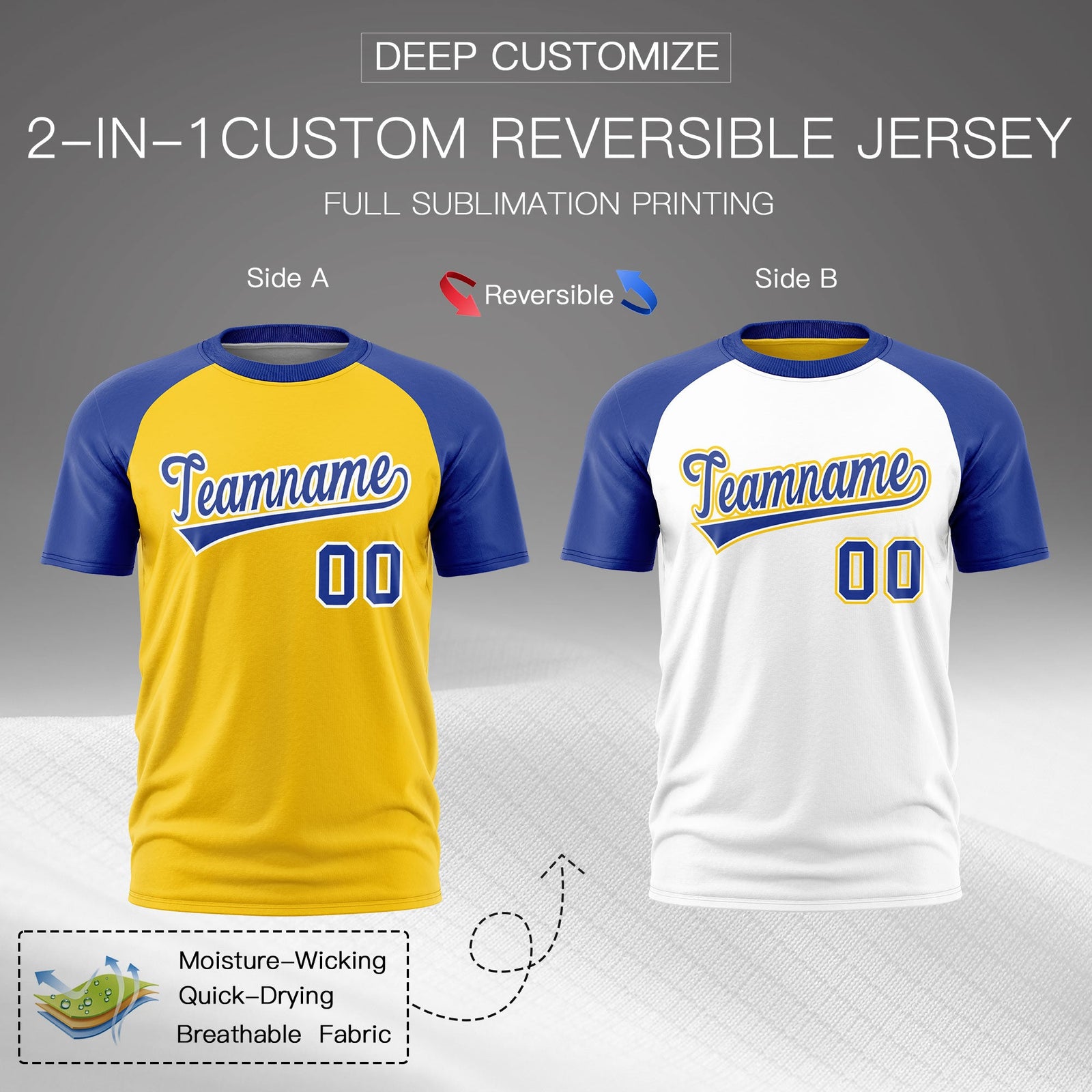 Custom Gold Royal Blue White Reversible Raglan Sleeves Moisture-Wicking T-shirt| KXKSHOP