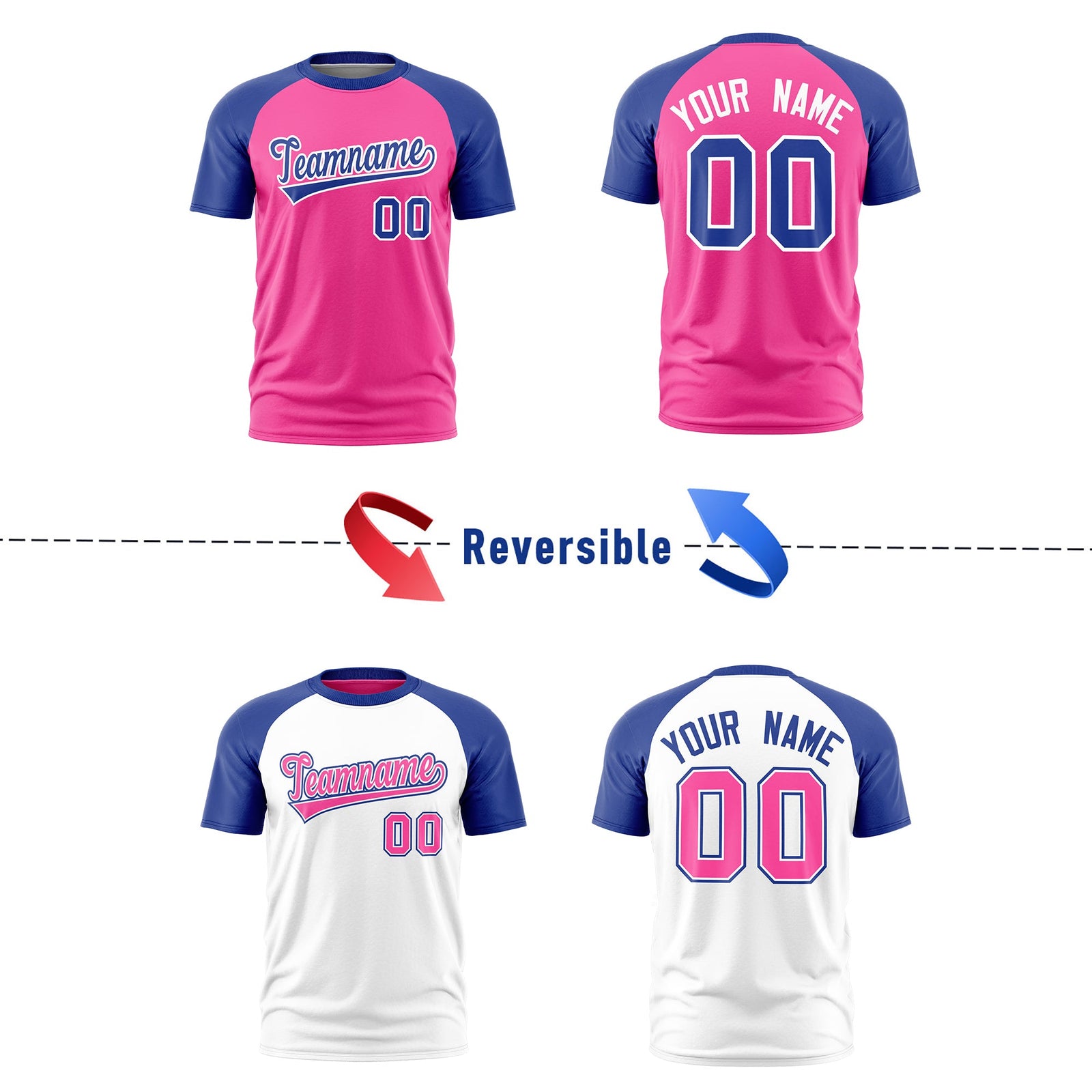 Custom Pink White Royal Blue Reversible Raglan Sleeves Quick Dry T-shirt| KXKSHOP
