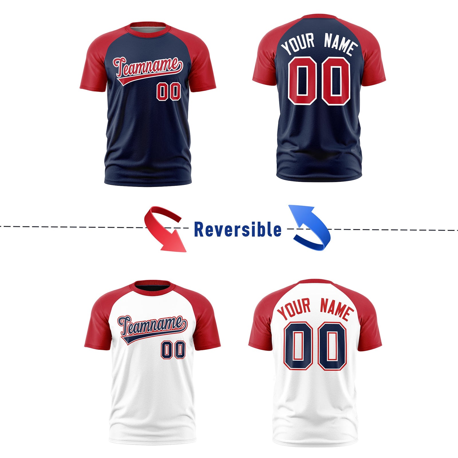 Custom Navy Red White Reversible Raglan Sleeves Moisture-Wicking T-shirt| KXKSHOP