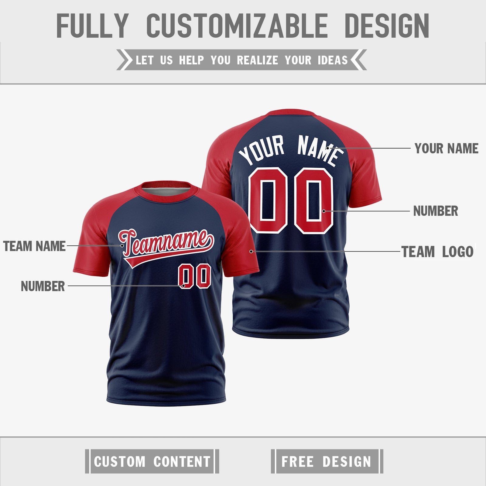 Custom Navy Red White Reversible Raglan Sleeves Moisture-Wicking T-shirt| KXKSHOP