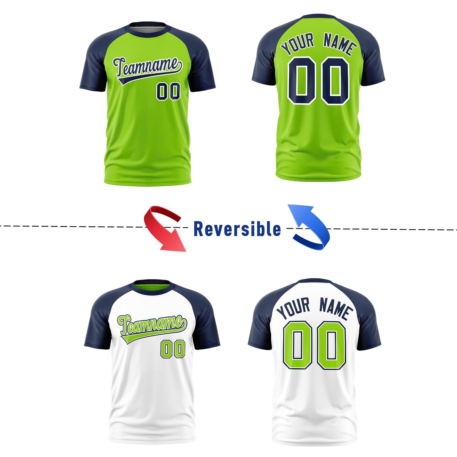 Custom Neon Green Navy White Reversible Raglan Sleeves Moisture-Wicking T-shirt| KXKSHOP
