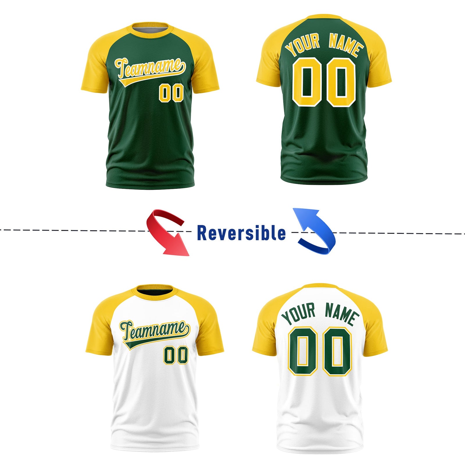 Custom Dark Green White Gold Reversible Raglan Sleeves Moisture-Wicking T-shirt| KXKSHOP