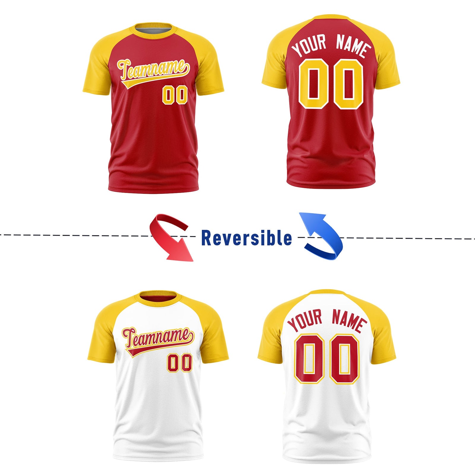 Custom Red Gold White Reversible Raglan Sleeves Moisture-Wicking T-shirt| KXKSHOP