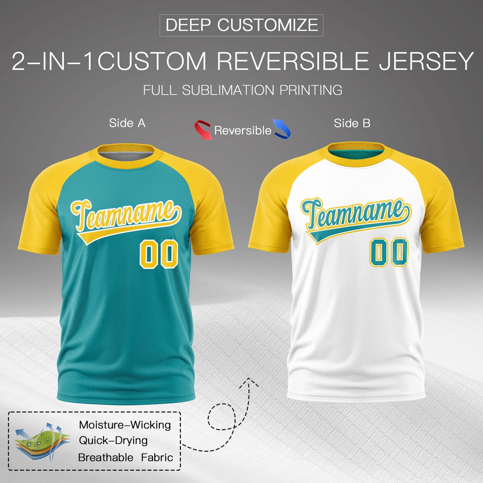 Custom Aqua Gold White Reversible Raglan Sleeves Moisture-Wicking T-shirt| KXKSHOP
