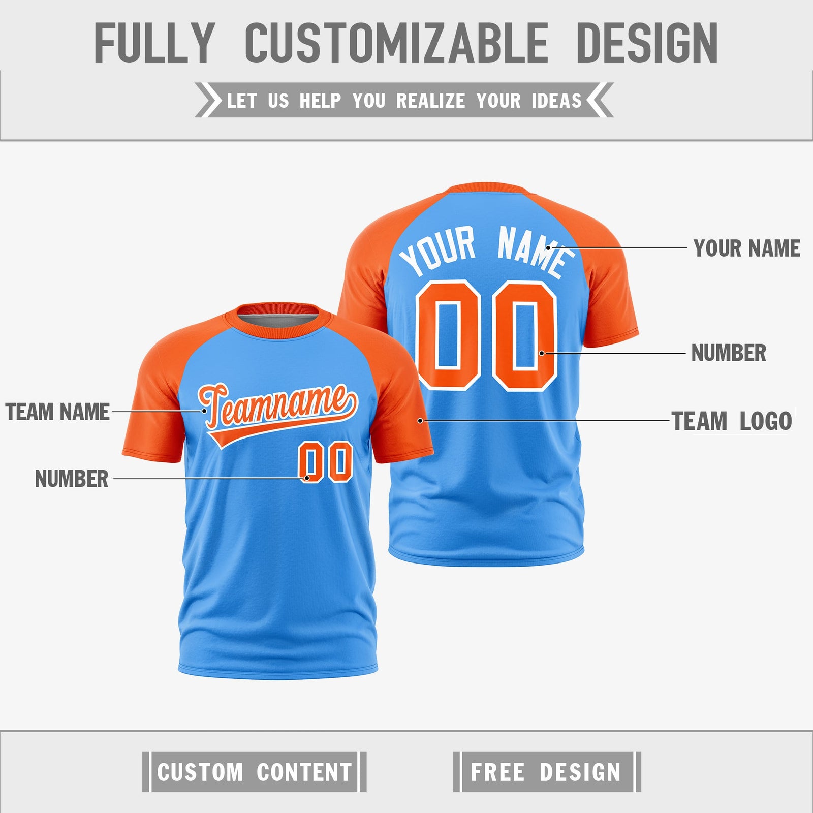 Custom Powder Blue Orange White Reversible Raglan Sleeves Moisture-Wicking T-shirt| KXKSHOP