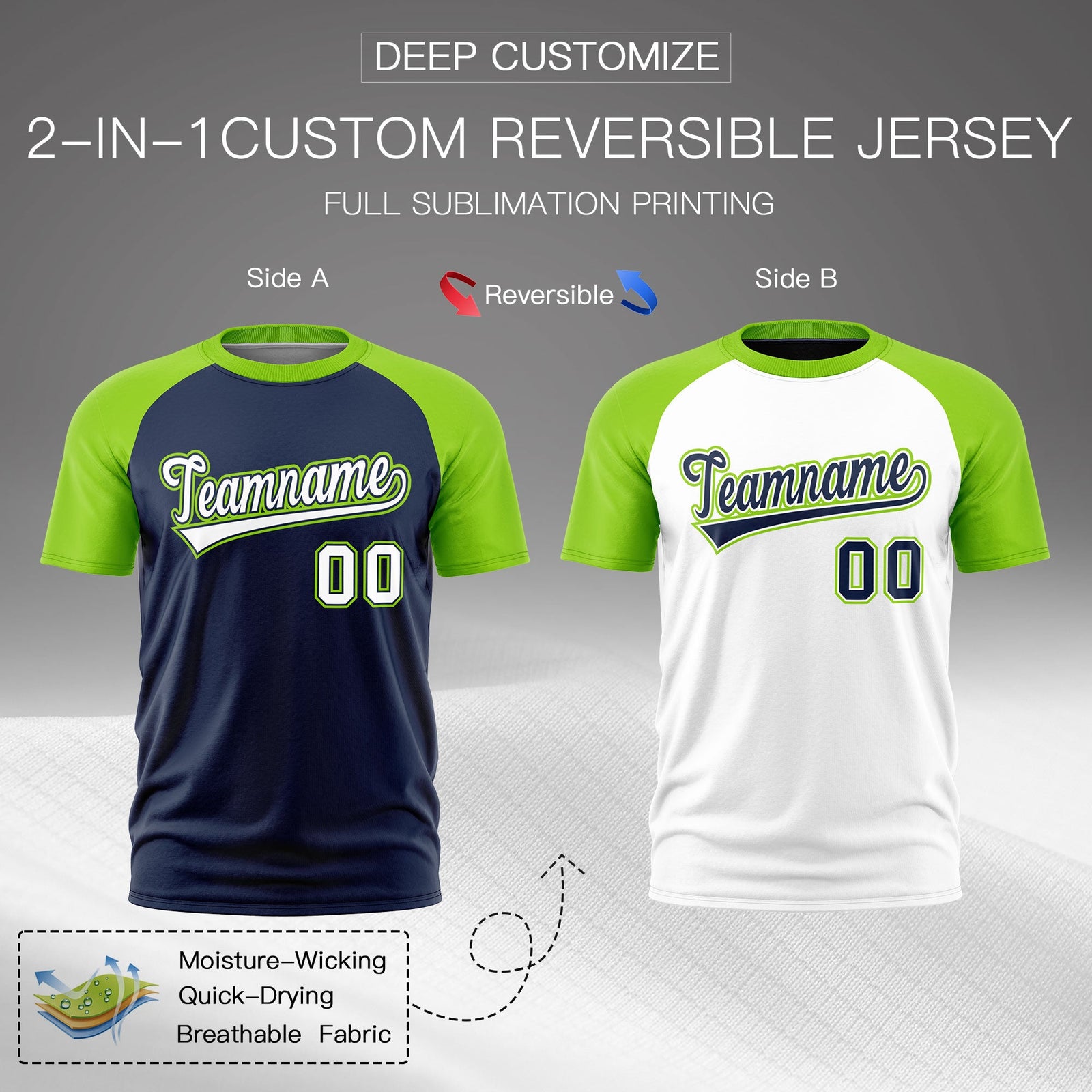 Custom Navy Neon Green White Reversible Raglan Sleeves Quick Dry T-shirt| KXKSHOP