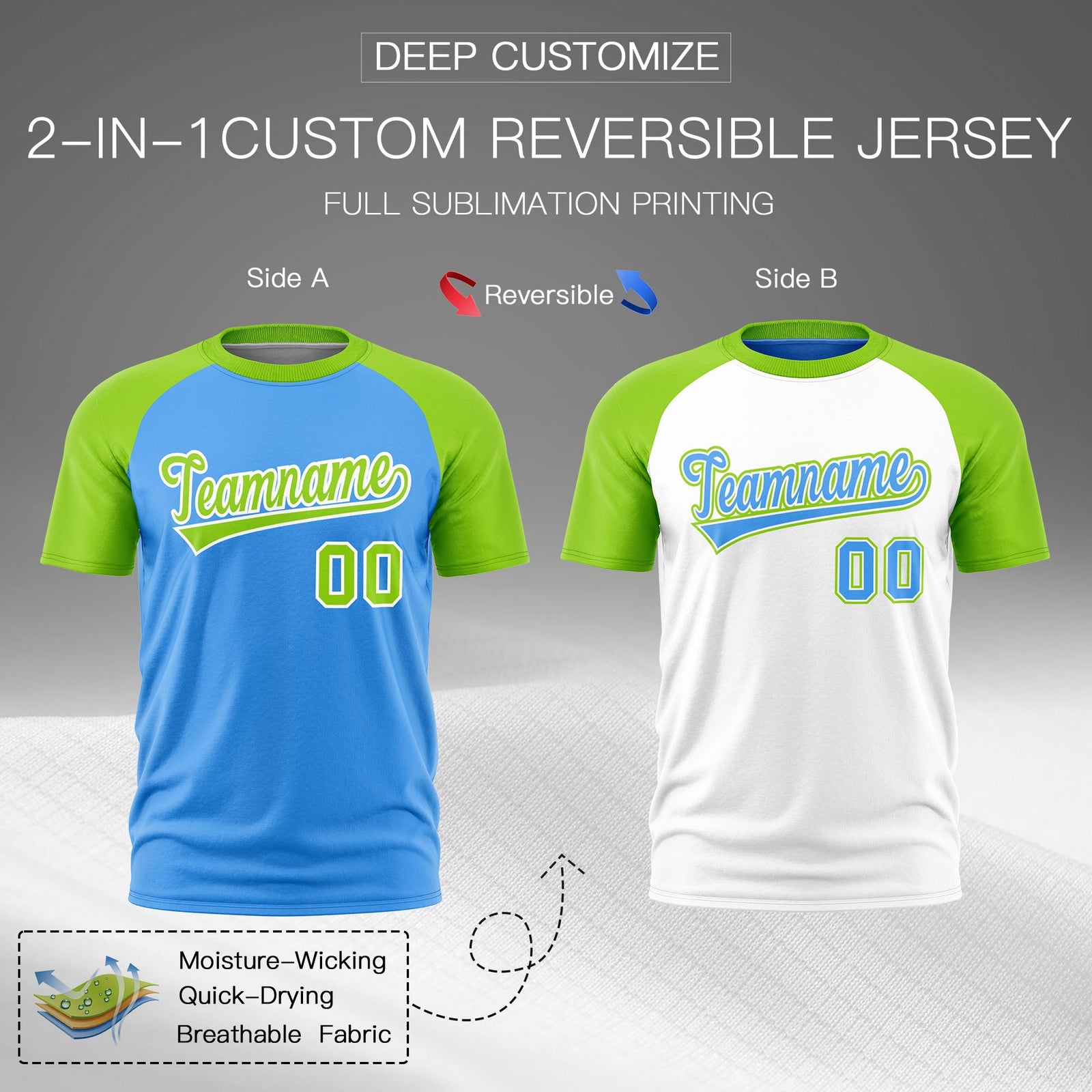 Custom Powder Blue Neon Green White Reversible Raglan Sleeves Quick Dry T-shirt| KXKSHOP