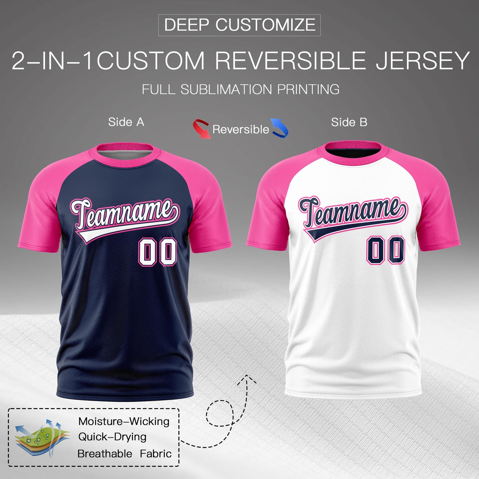Custom White Pink Navy Reversible Raglan Sleeves Moisture-Wicking T-shirt| KXKSHOP