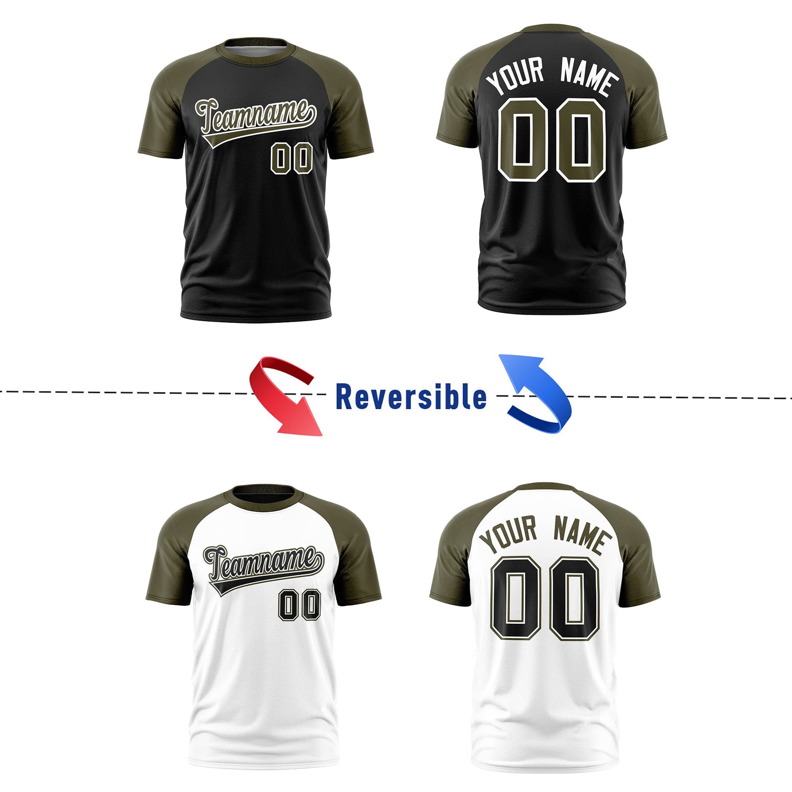 Custom Black Olive White Reversible Raglan Sleeves Quick Dry T-shirt| KXKSHOP