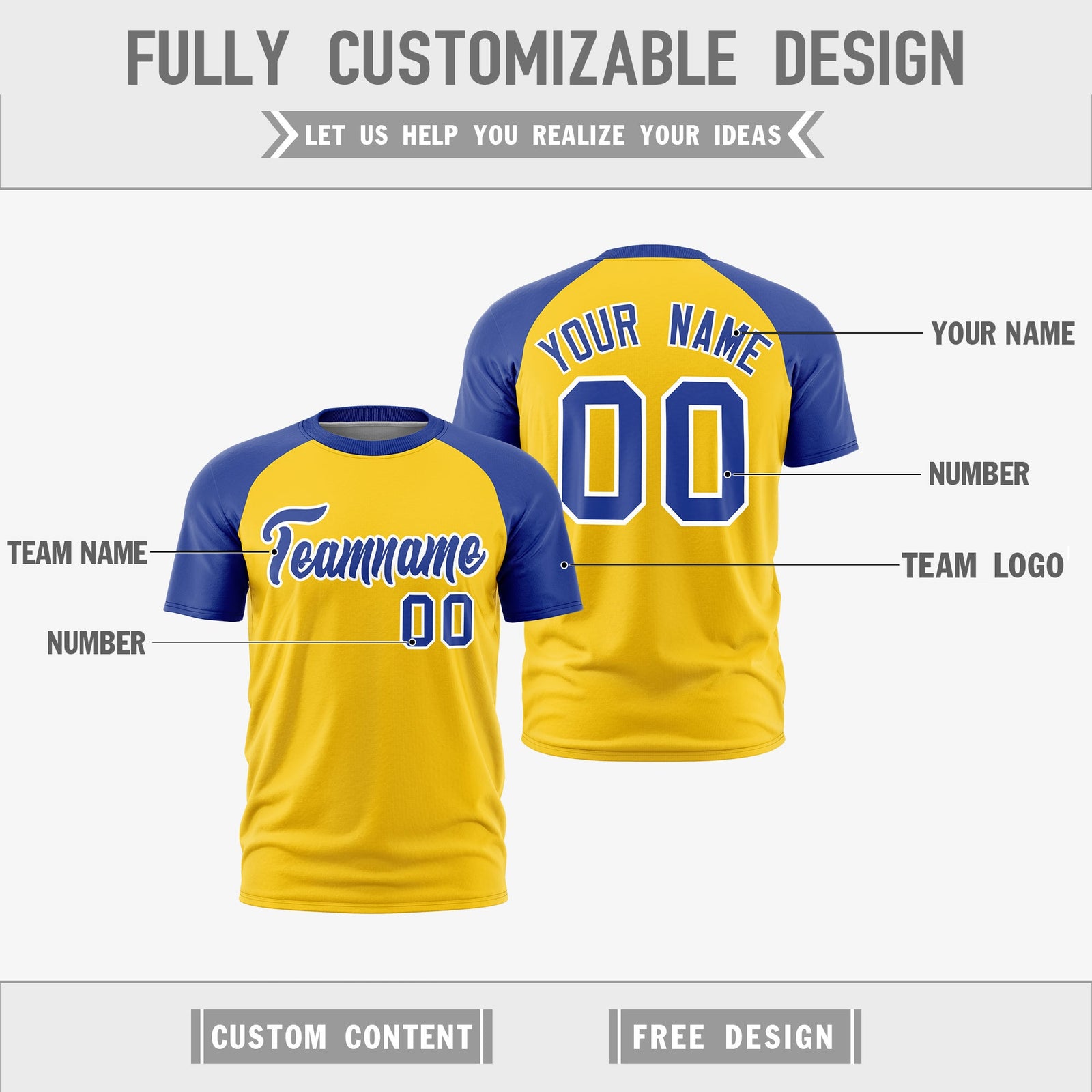 Custom Gold Royal Blue White Reversible Raglan Sleeves Moisture-Wicking T-shirt| KXKSHOP