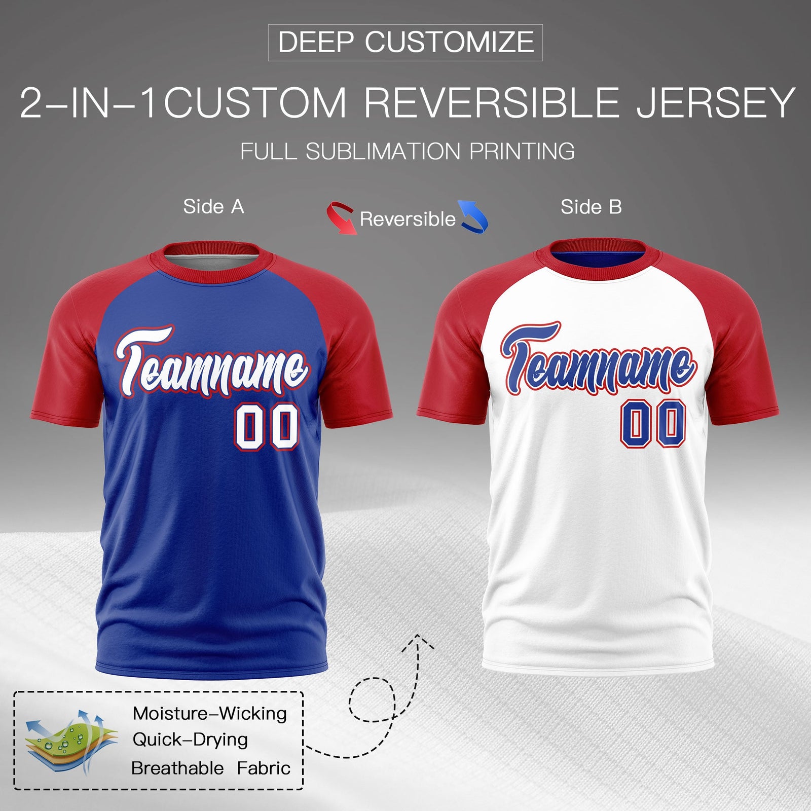 Custom Royal Blue Red White Reversible Raglan Sleeves Quick Dry T-shirt| KXKSHOP