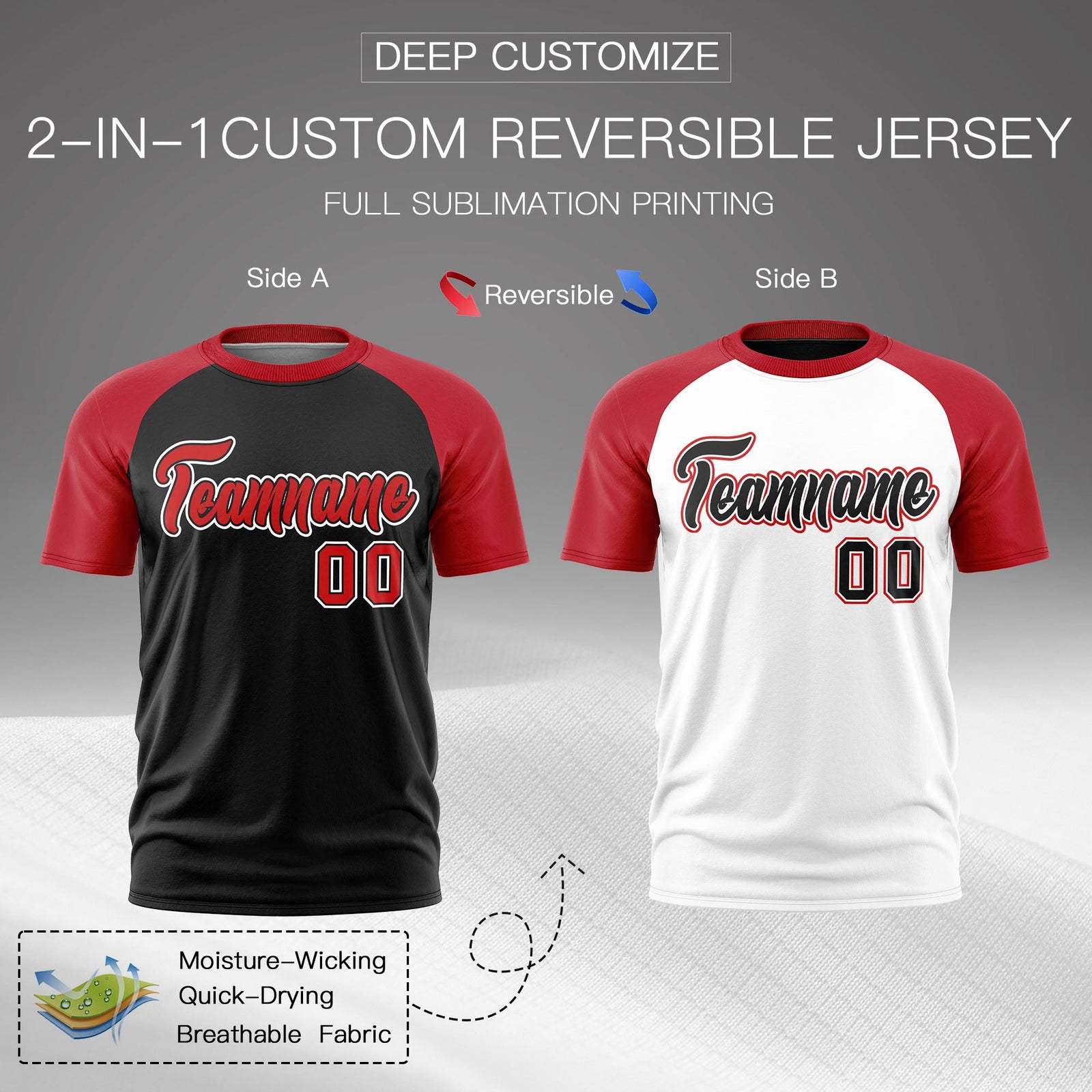 Custom Red Black White Reversible Raglan Sleeves Moisture-Wicking T-shirt| KXKSHOP