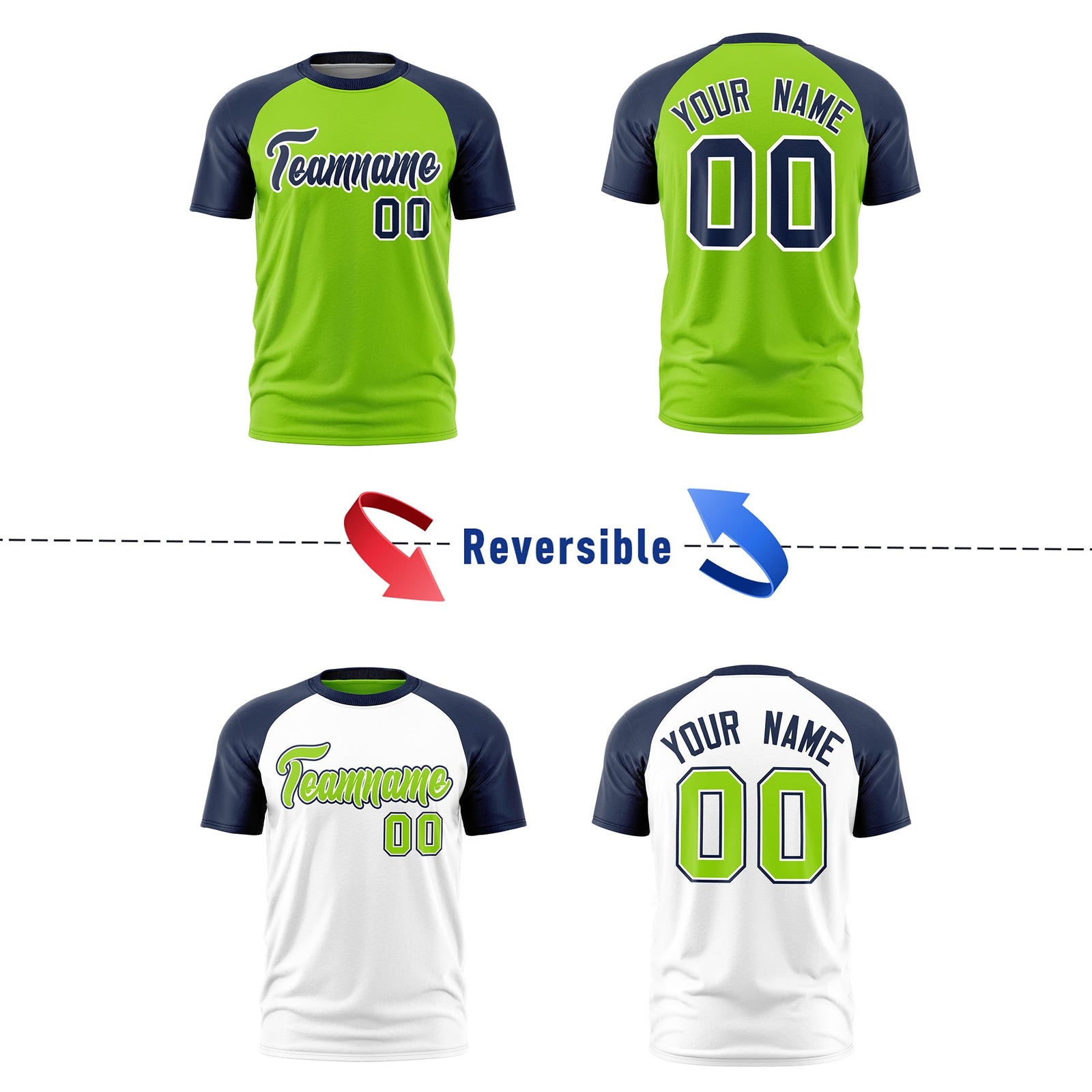 Custom Neon Green Navy White Reversible Raglan Sleeves Moisture-Wicking T-shirt| KXKSHOP