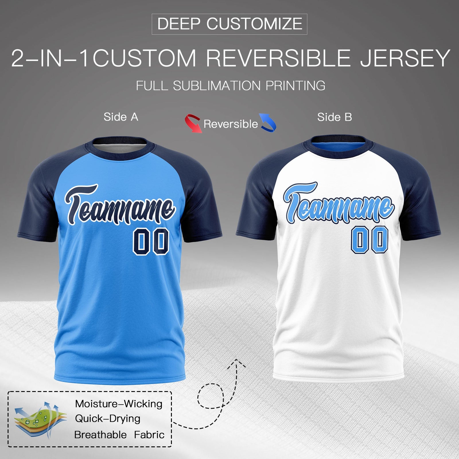 Custom Powder Blue Navy White Reversible Raglan Sleeves Quick Dry T-shirt| KXKSHOP