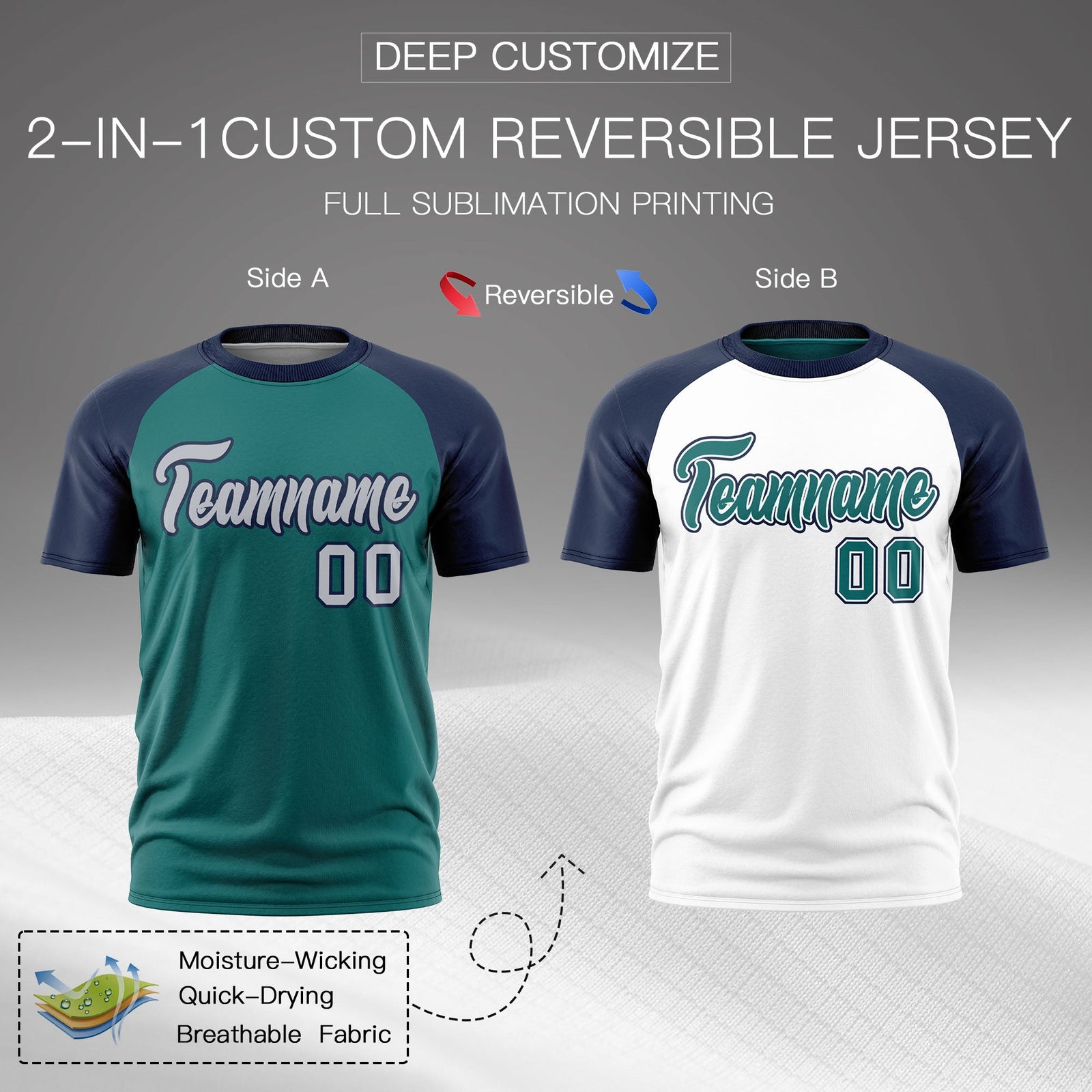 Custom Teal Navy Silver Reversible Raglan Sleeves Moisture-Wicking T-shirt| KXKSHOP