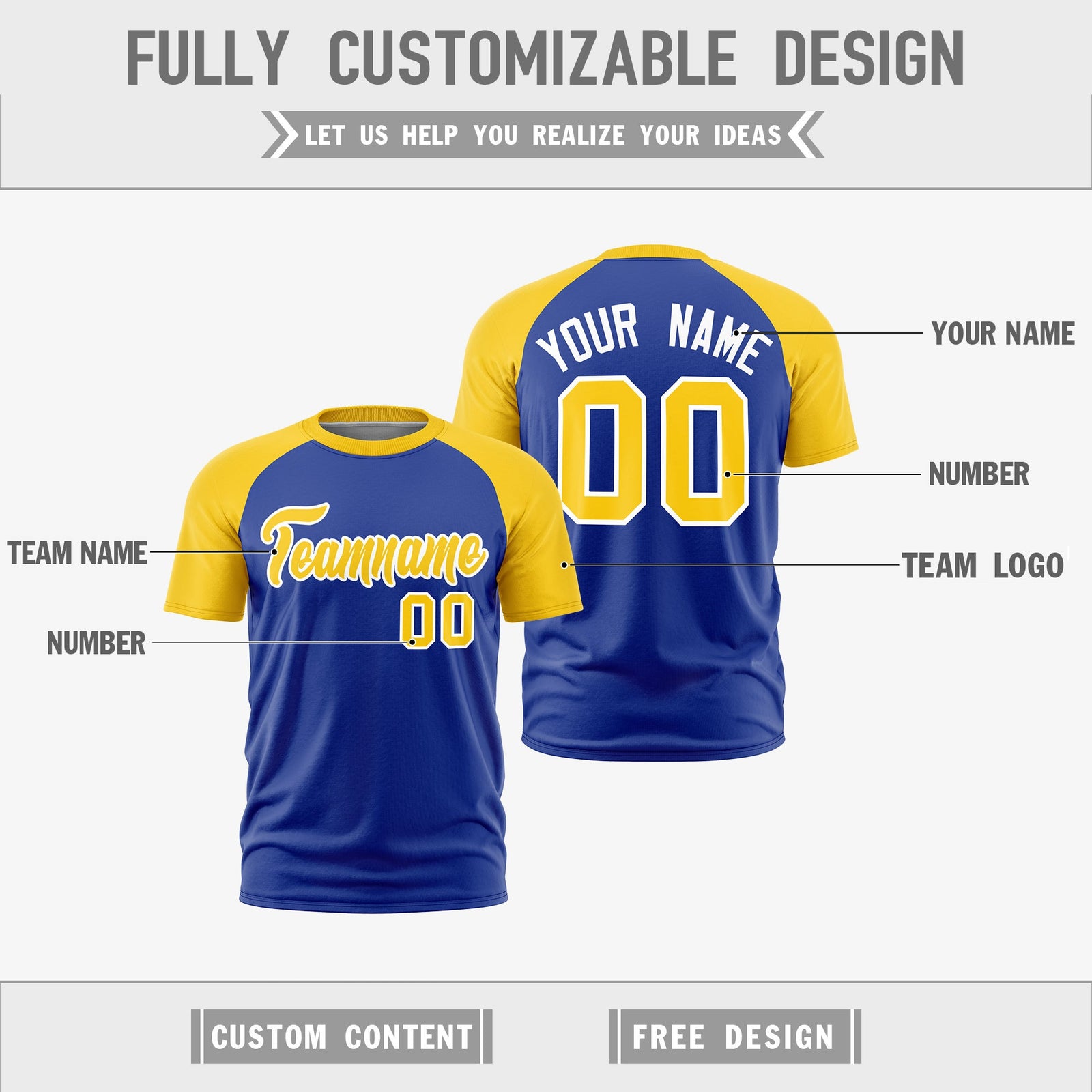 Custom Royal Blue Gold White Reversible Raglan Sleeves Quick Dry T-shirt| KXKSHOP