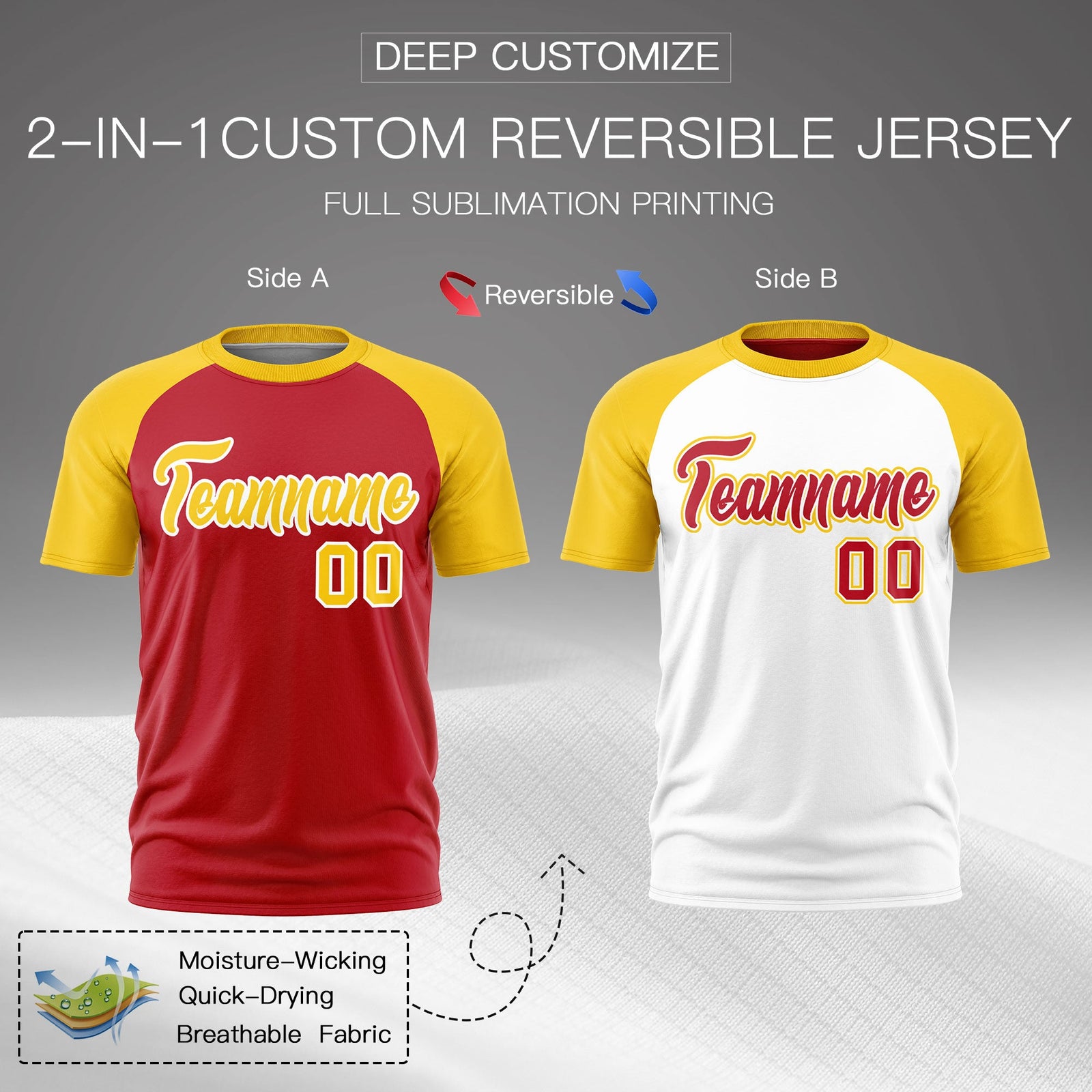 Custom Red Gold White Reversible Raglan Sleeves Moisture-Wicking T-shirt| KXKSHOP