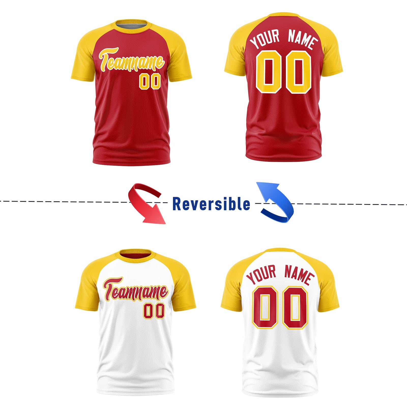 Custom Red Gold White Reversible Raglan Sleeves Moisture-Wicking T-shirt| KXKSHOP