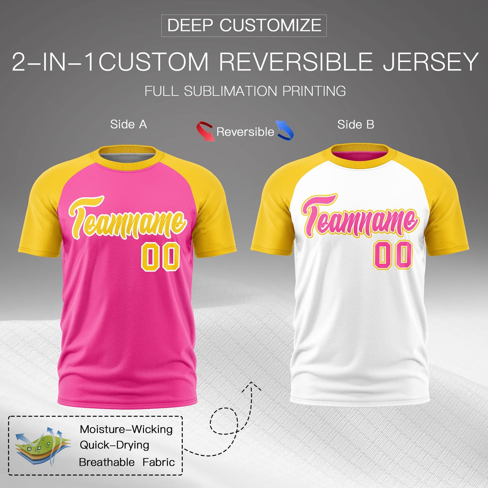 Custom Pink Gold White Reversible Raglan Sleeves Quick Dry T-shirt| KXKSHOP