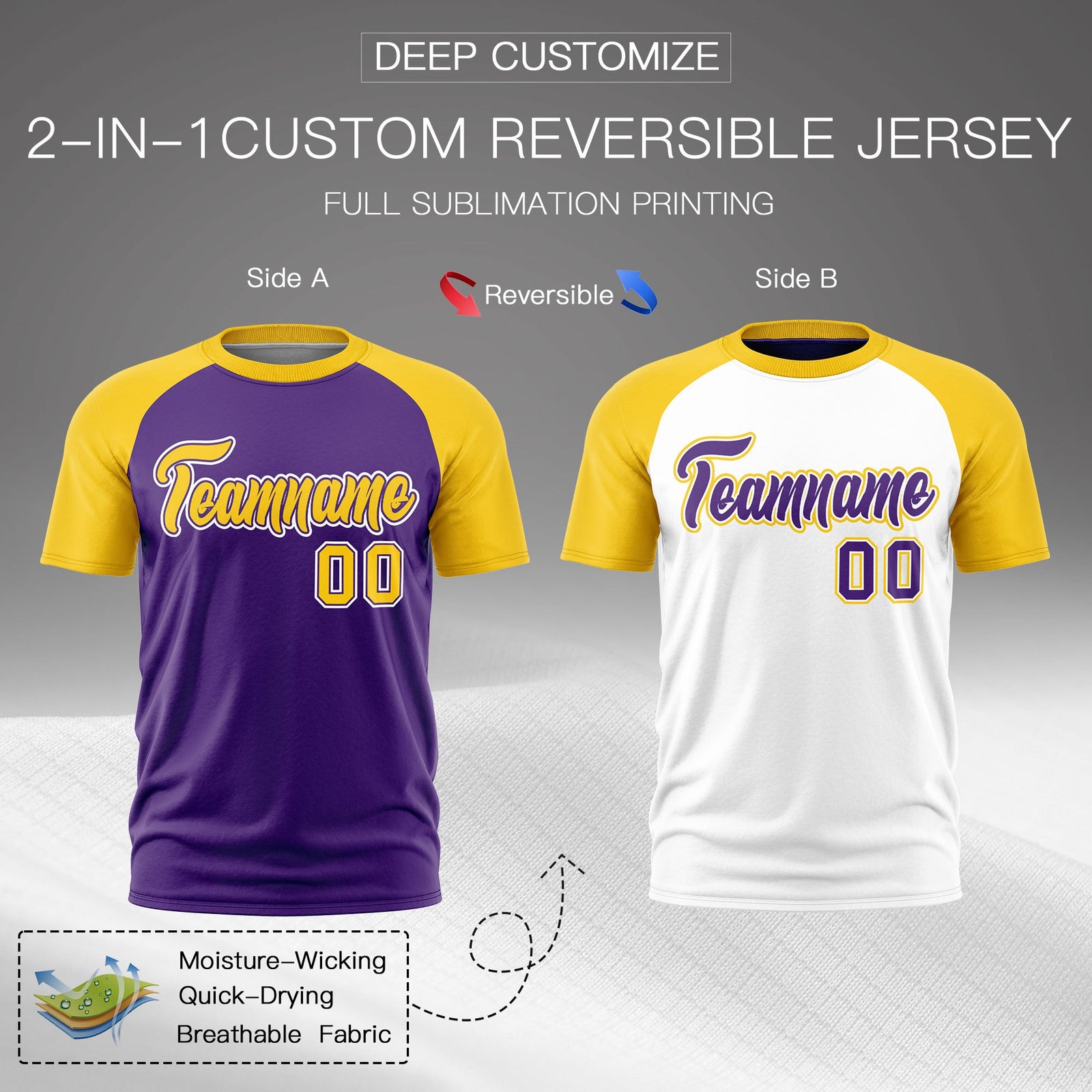 Custom Purple Gold White Reversible Raglan Sleeves Quick Dry T-shirt| KXKSHOP