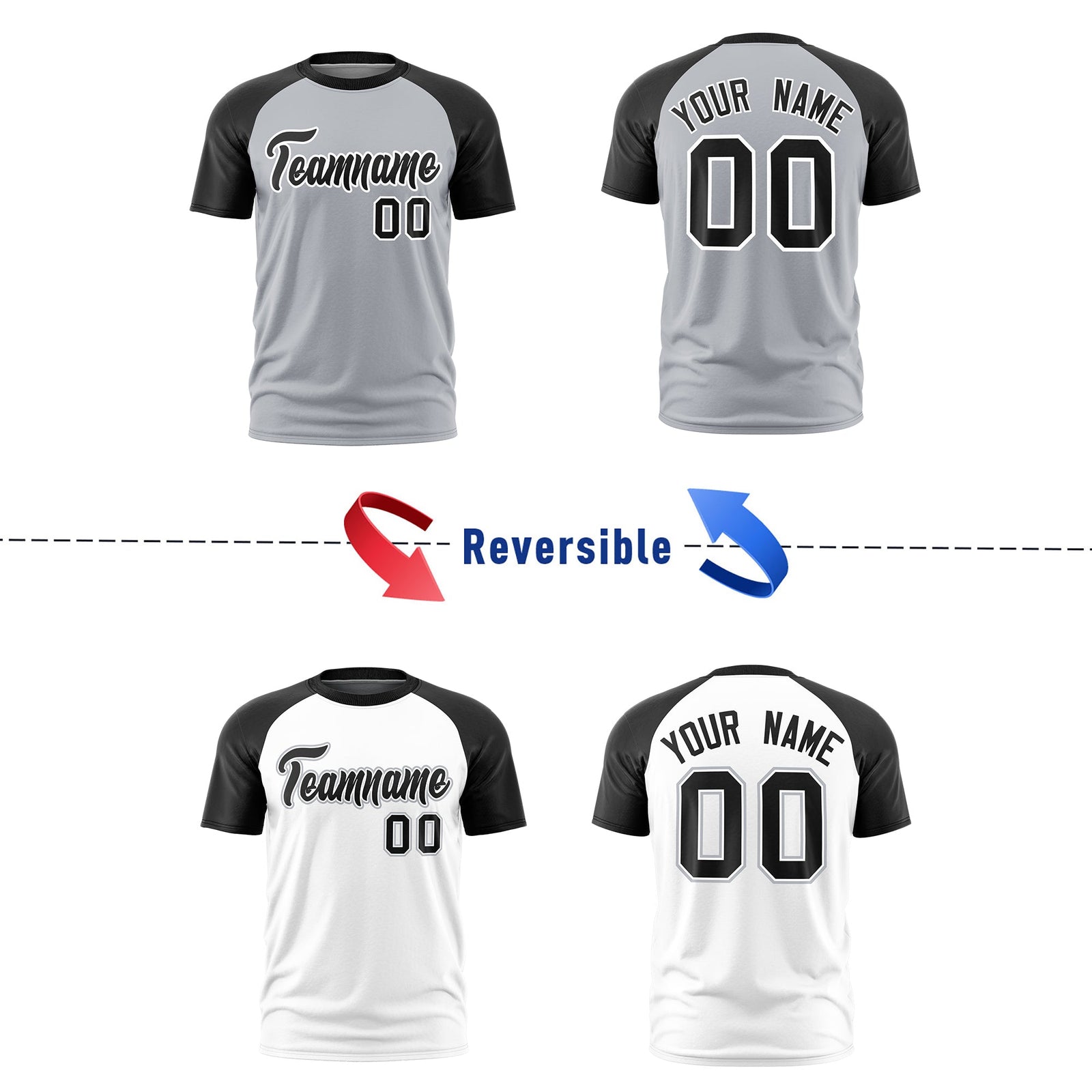 Custom Silver Black White Reversible Raglan Sleeves Quick Dry T-shirt| KXKSHOP