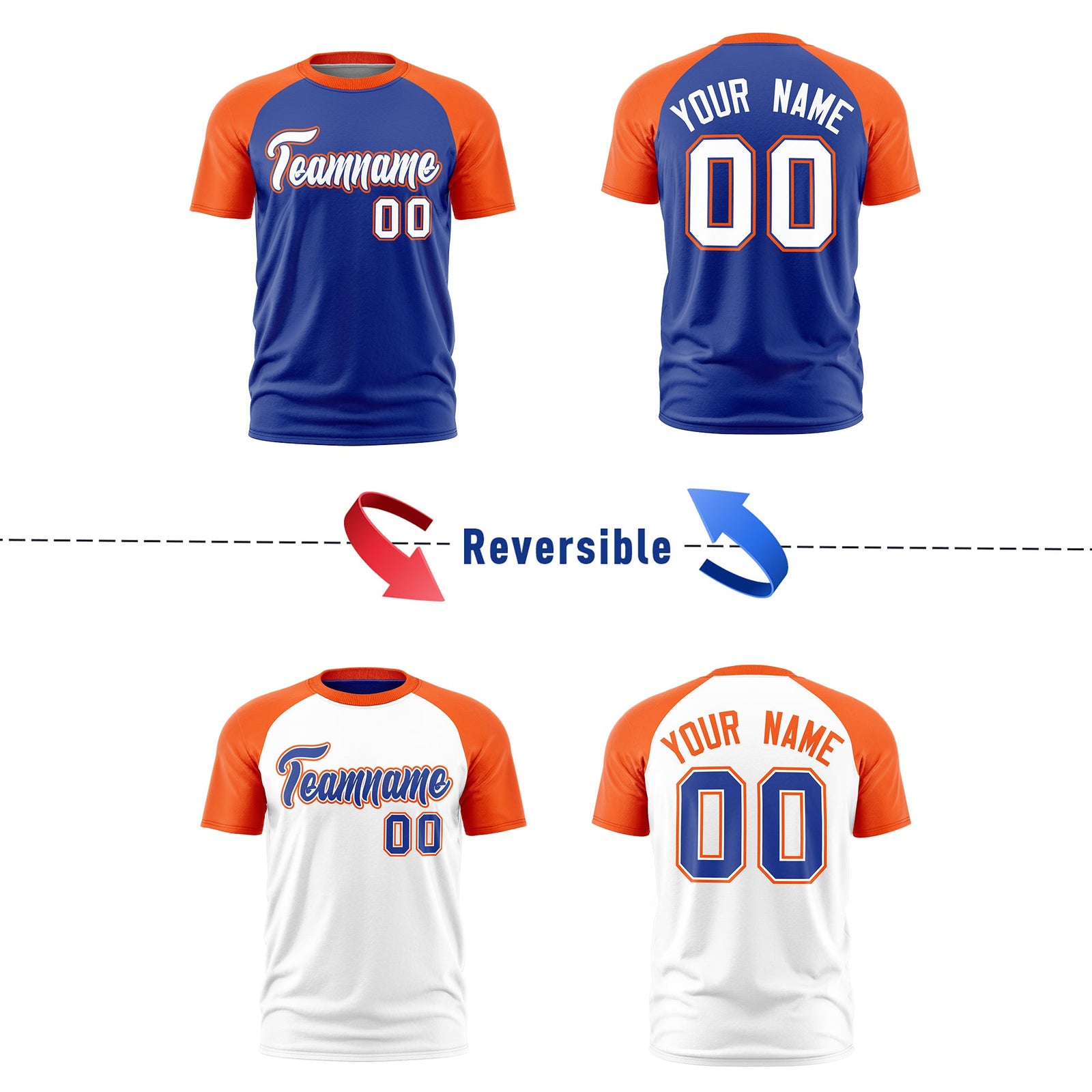 Custom Royal Blue Orange White Reversible Raglan Sleeves Moisture-Wicking T-shirt| KXKSHOP