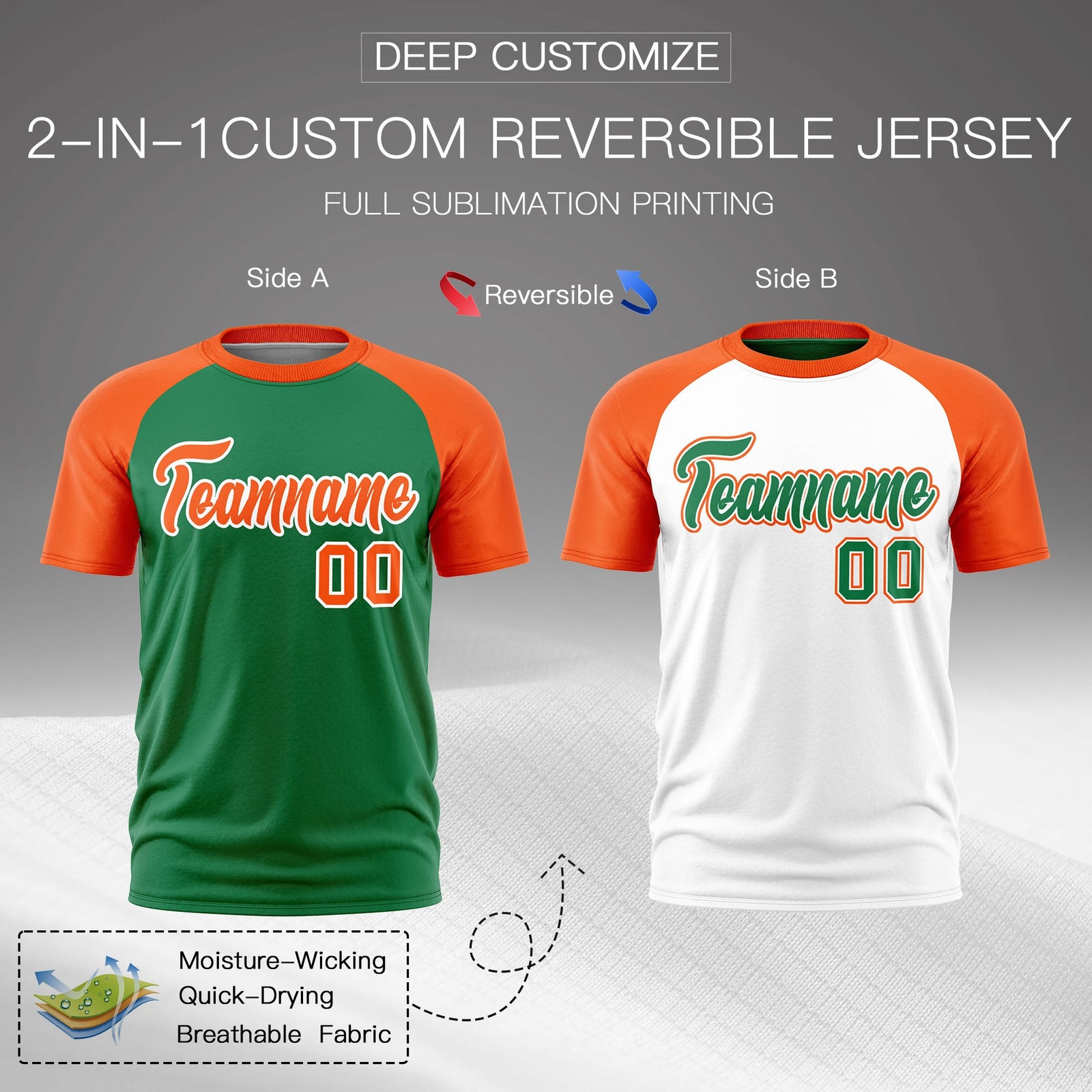 Custom Kelly Green Orange White Reversible Raglan Sleeves Quick Dry T-shirt| KXKSHOP
