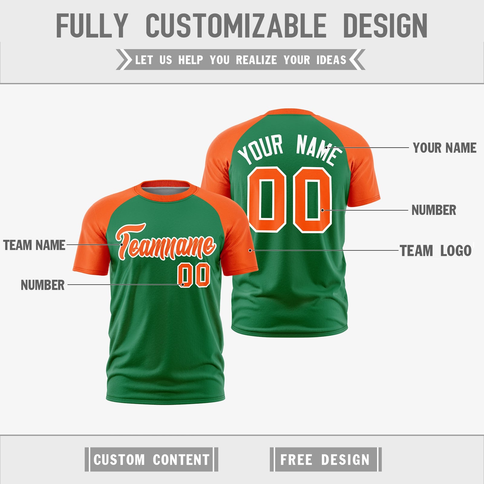Custom Kelly Green Orange White Reversible Raglan Sleeves Quick Dry T-shirt| KXKSHOP