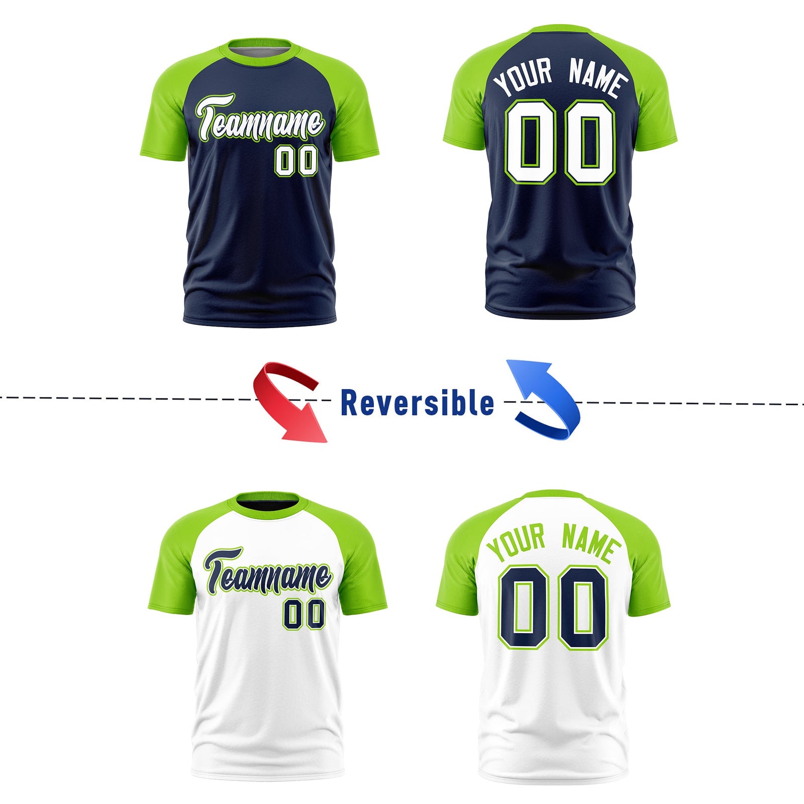 Custom Navy Neon Green White Reversible Raglan Sleeves Quick Dry T-shirt| KXKSHOP