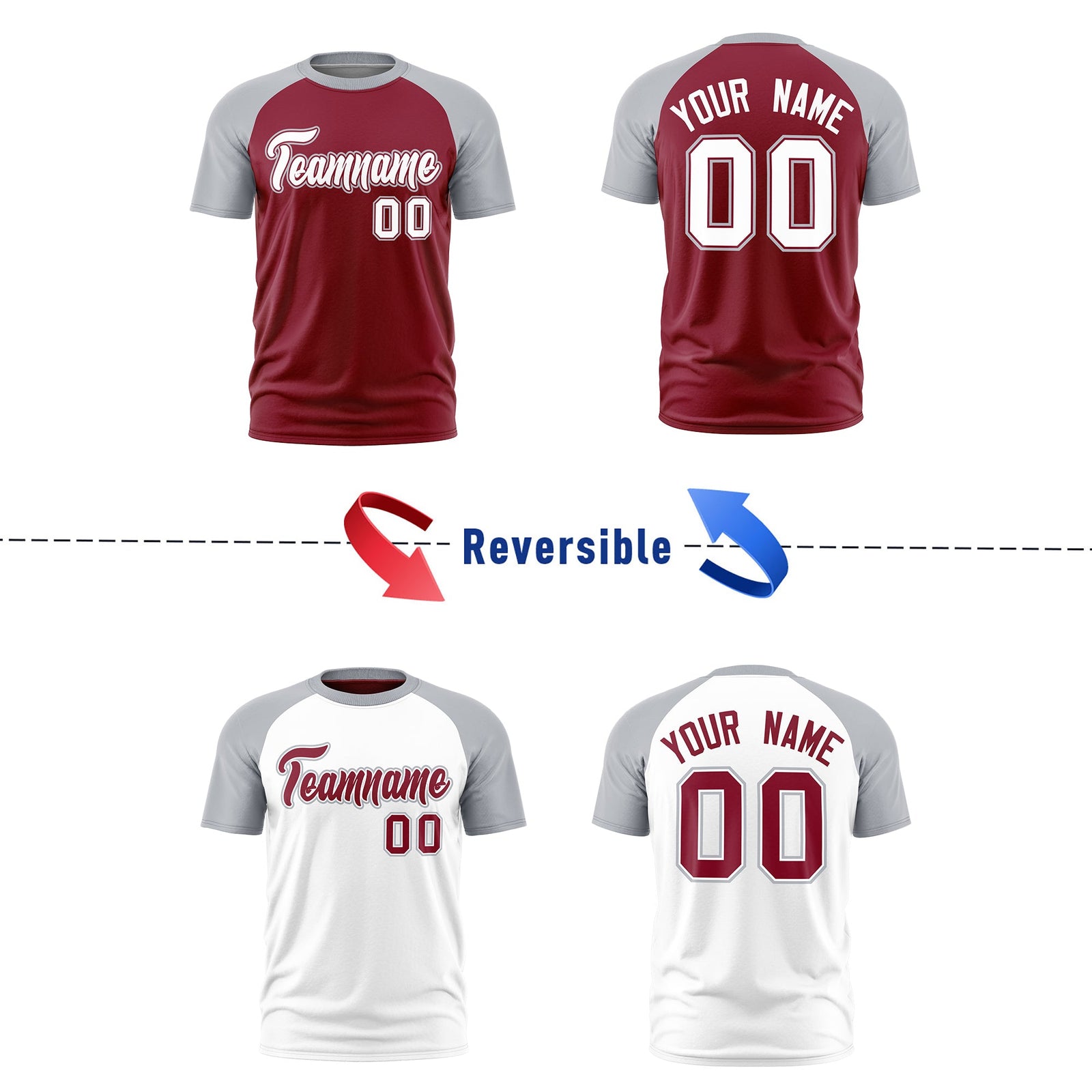 Custom Crimson Silver White Reversible Raglan Sleeves Moisture-Wicking T-shirt| KXKSHOP