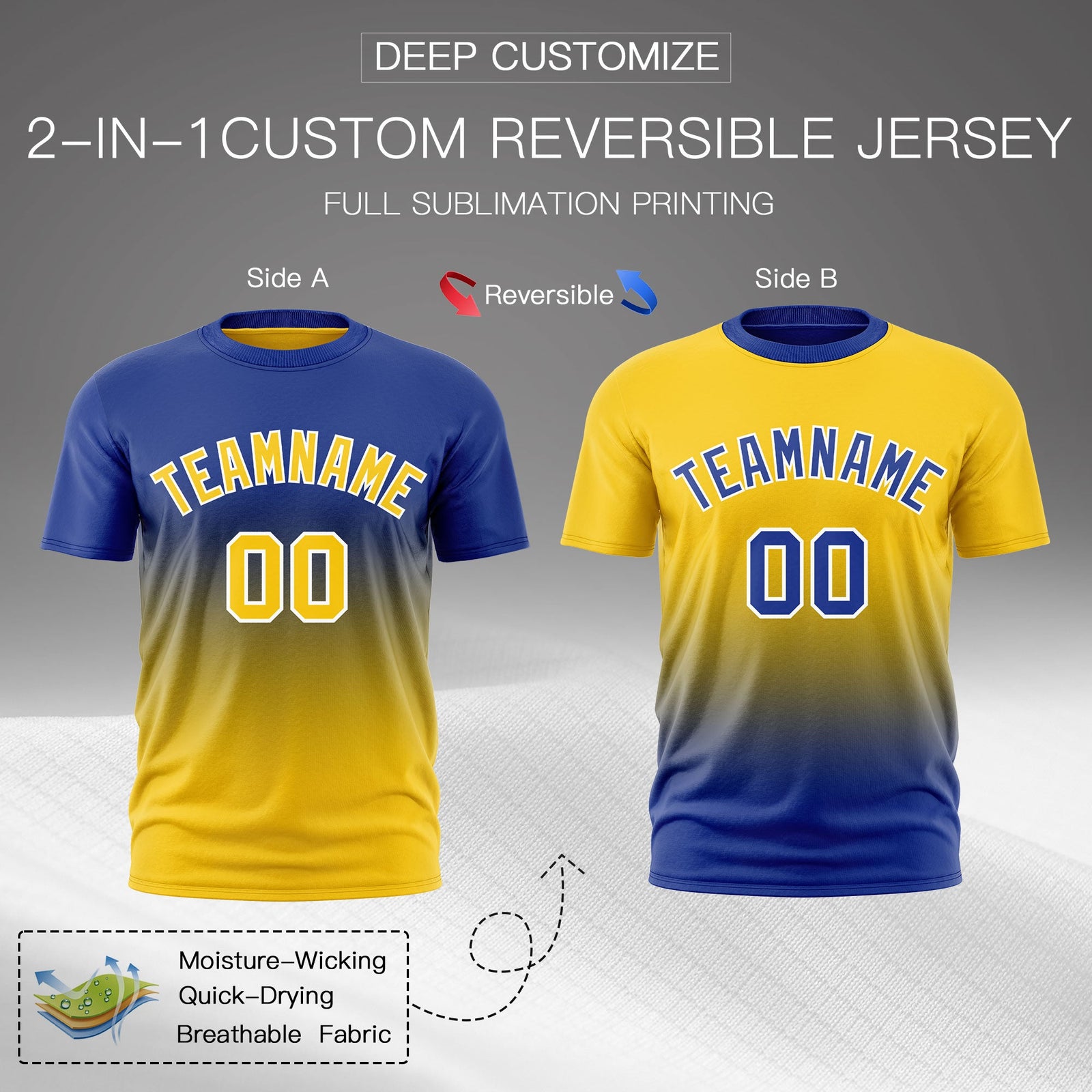 Custom Gold Royal Blue Gradient Fashion Reversible Quick Dry T-shirt| KXKSHOP