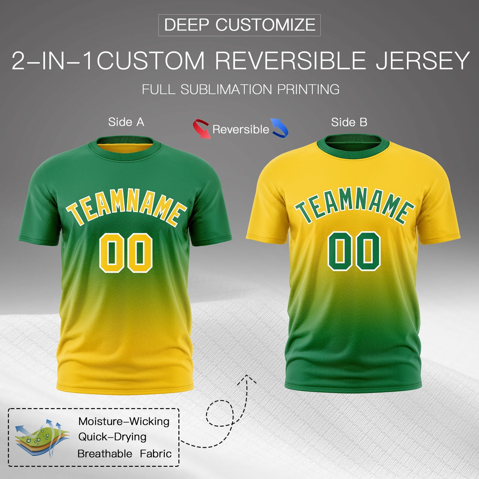 Custom Kelly Green Gold Gradient Fashion Reversible Lightweight T-shirt| KXKSHOP