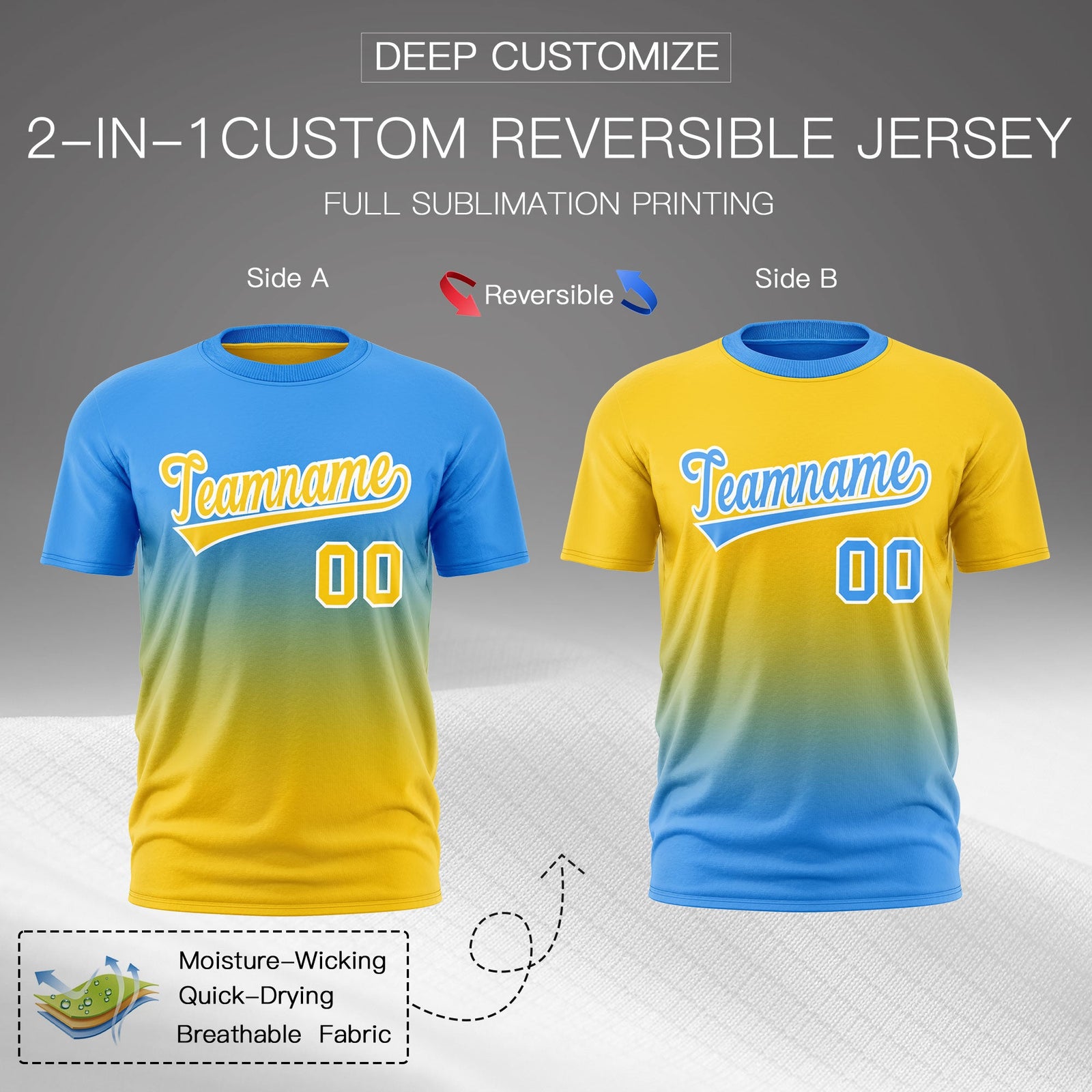 Custom Powder Blue Gold Gradient Fashion Reversible Quick Dry T-shirt| KXKSHOP