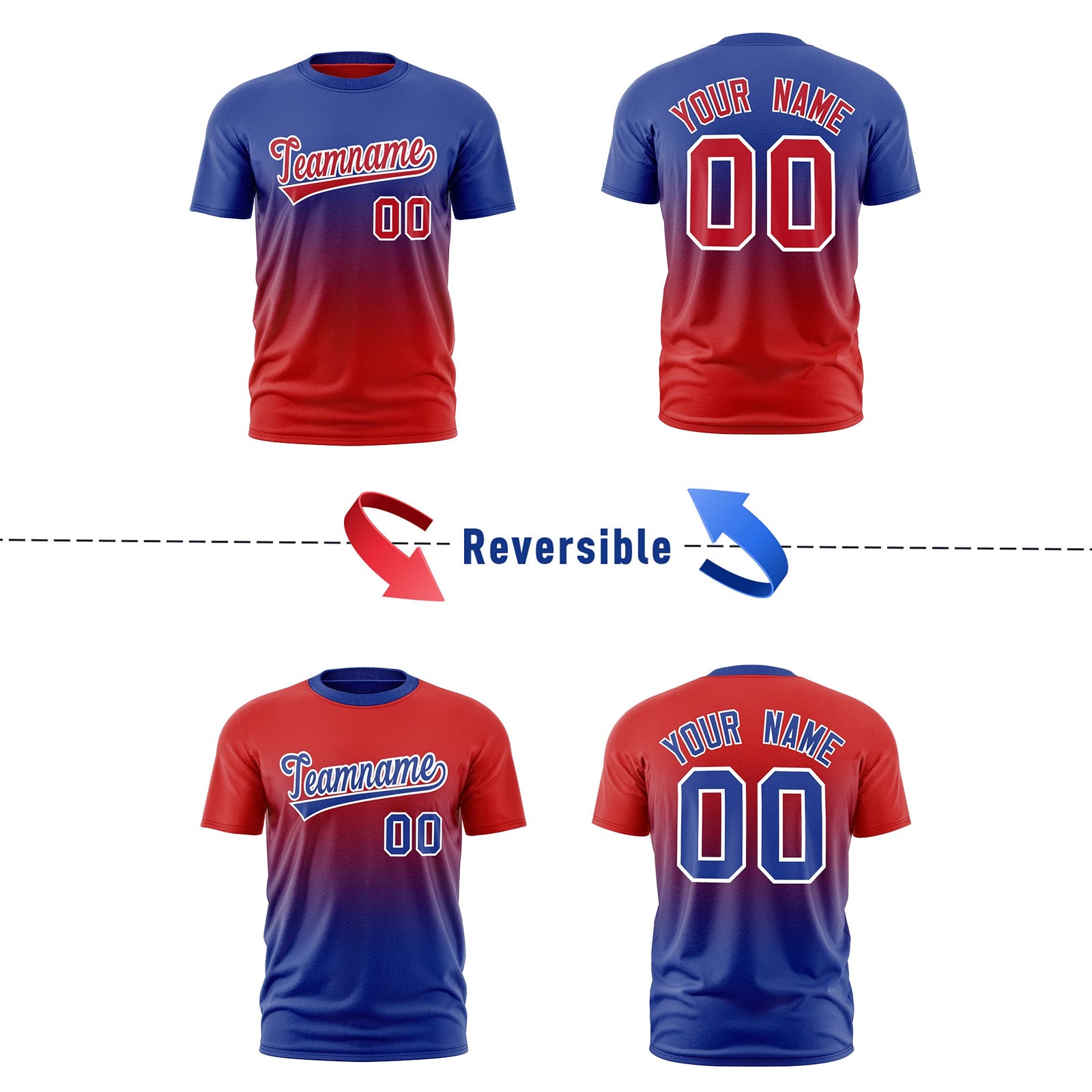 Custom Red Royal Blue Gradient Fashion Reversible Lightweight T-shirt| KXKSHOP