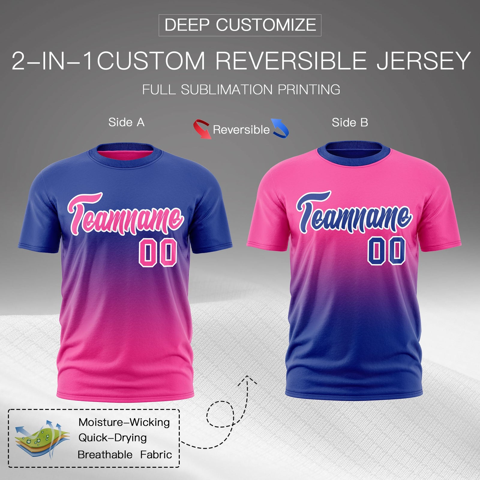 Custom Pink Royal Blue Gradient Fashion Reversible Quick Dry T-shirt| KXKSHOP