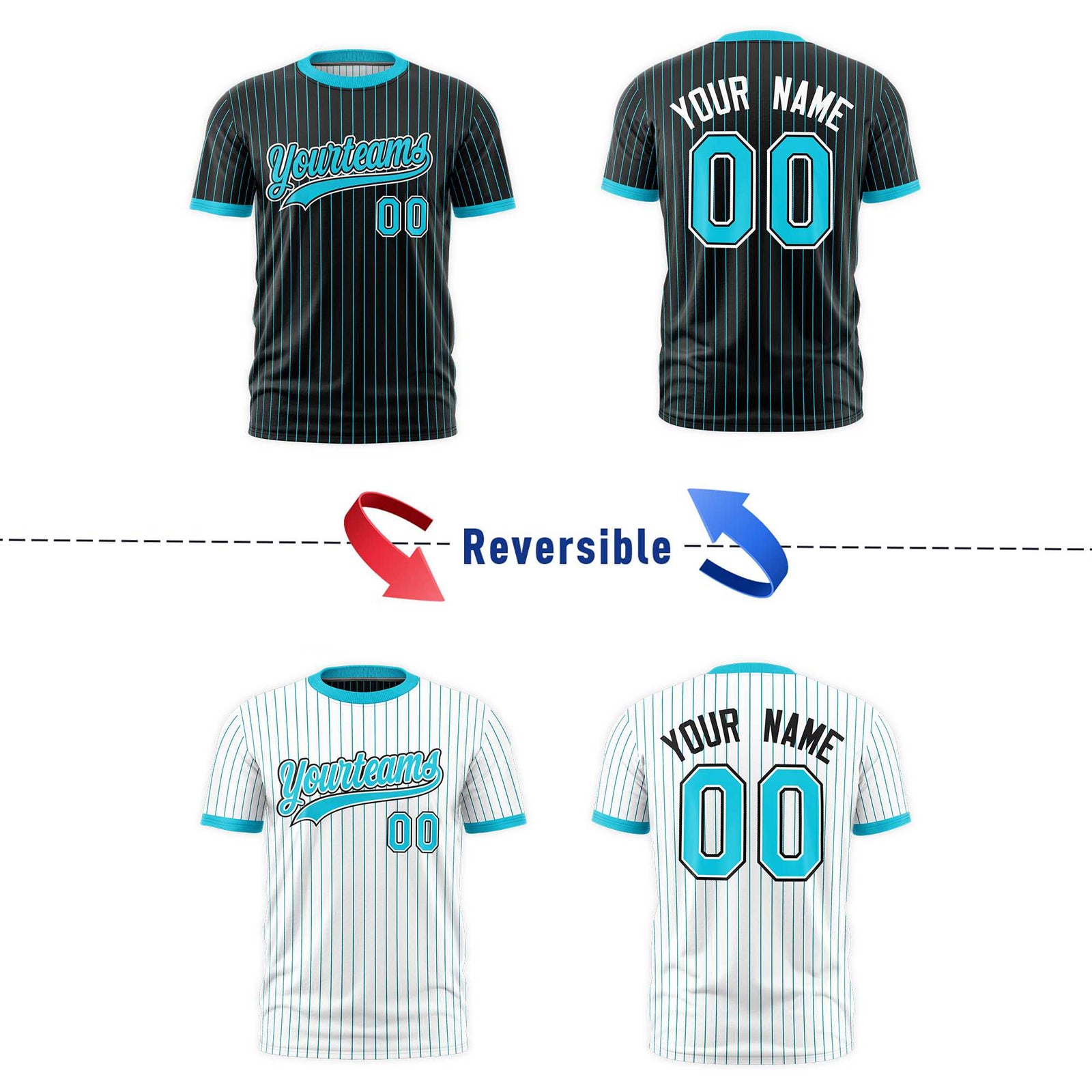 Custom Sky Blue Black White Reversible Stripe Fashion T-shirt| KXKSHOP
