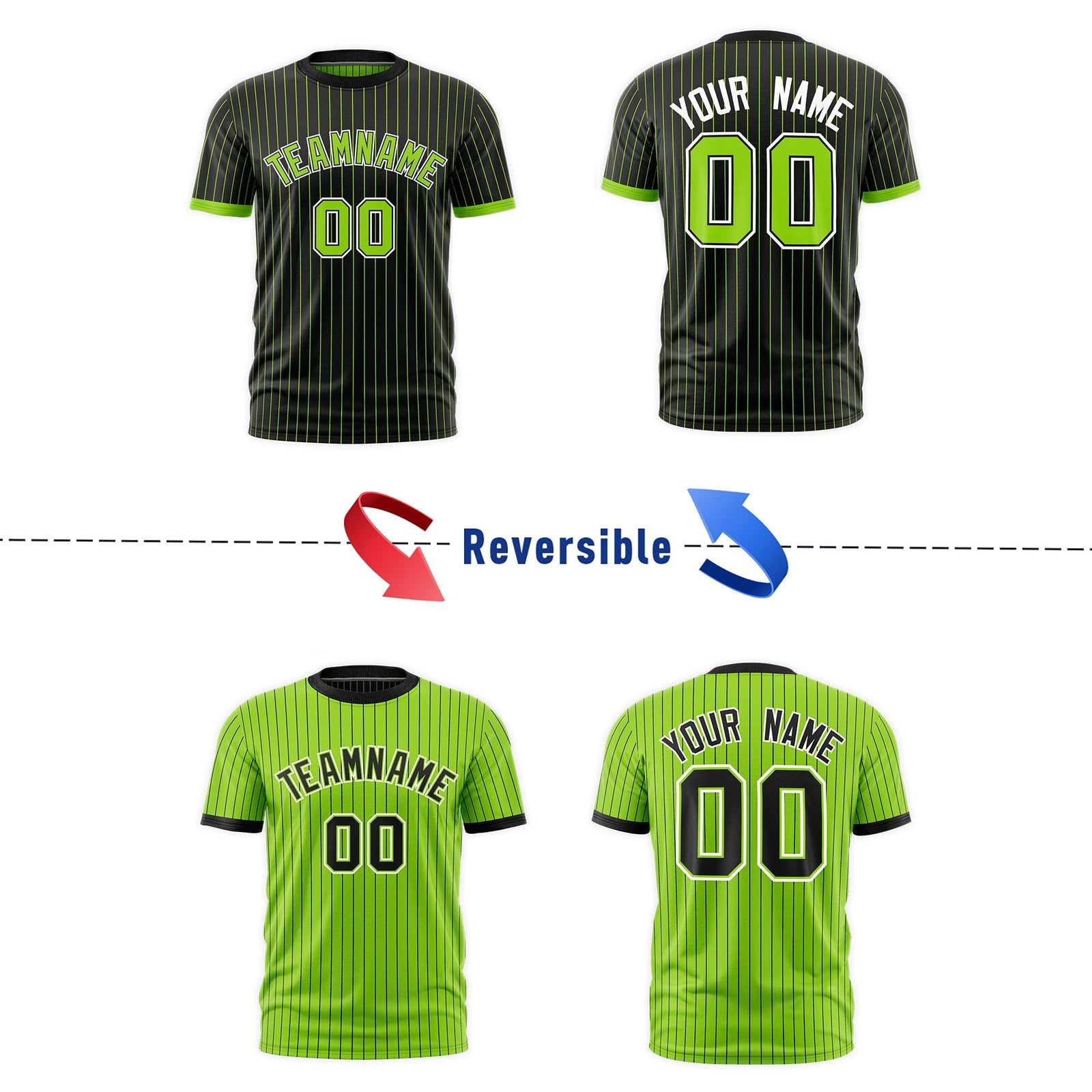 Custom Neon Green Black White Reversible Stripe Fashion T-shirt| KXKSHOP