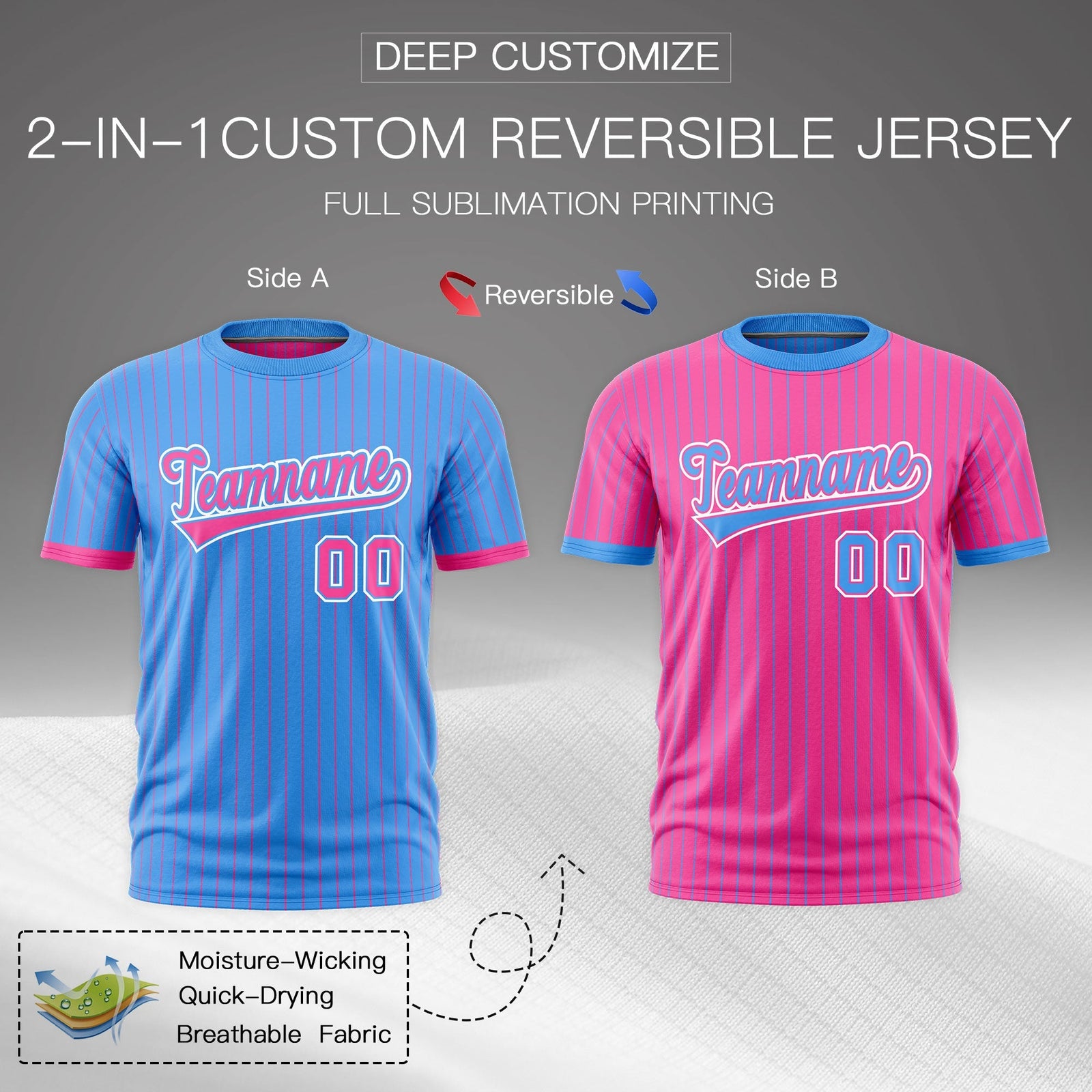 Custom Pink Powder Blue White Reversible Stripe Fashion T-shirt| KXKSHOP
