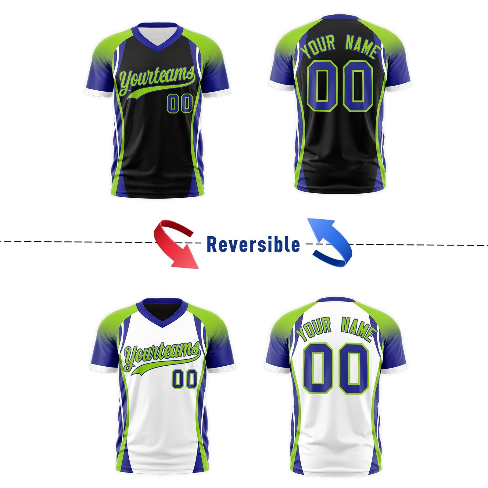 Custom Black Neon Green Royal Blue Reversible Breathable T-shirt| KXKSHOP
