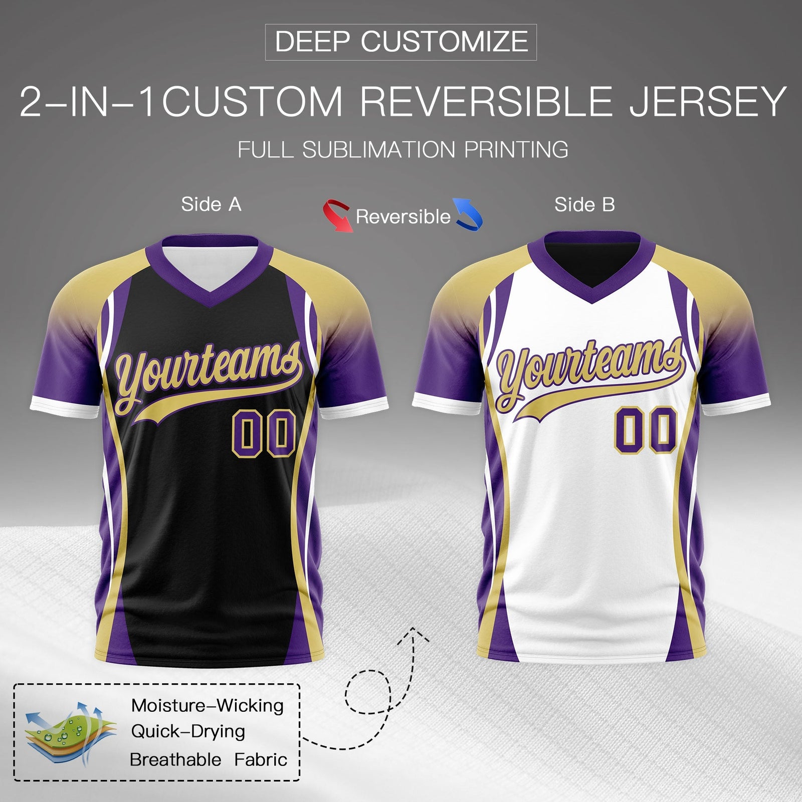 Custom Black Old Gold Purple Reversible Breathable T-shirt| KXKSHOP
